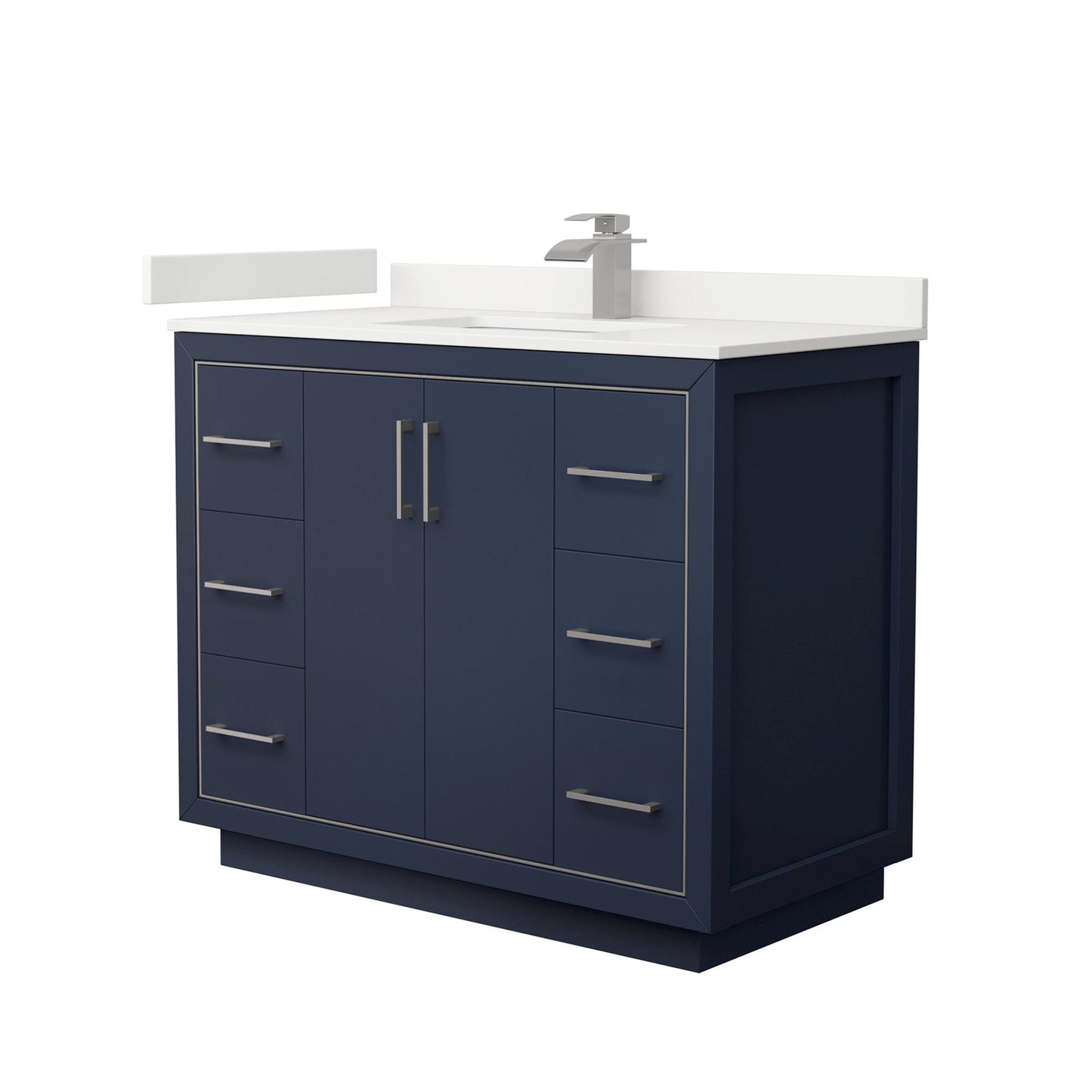 Wyndham Collection Icon 42" Single Bathroom Vanity in Dark Blue, White Quartz Countertop, Undermount Square Sink (1-Hole), Brushed Nickel Trim