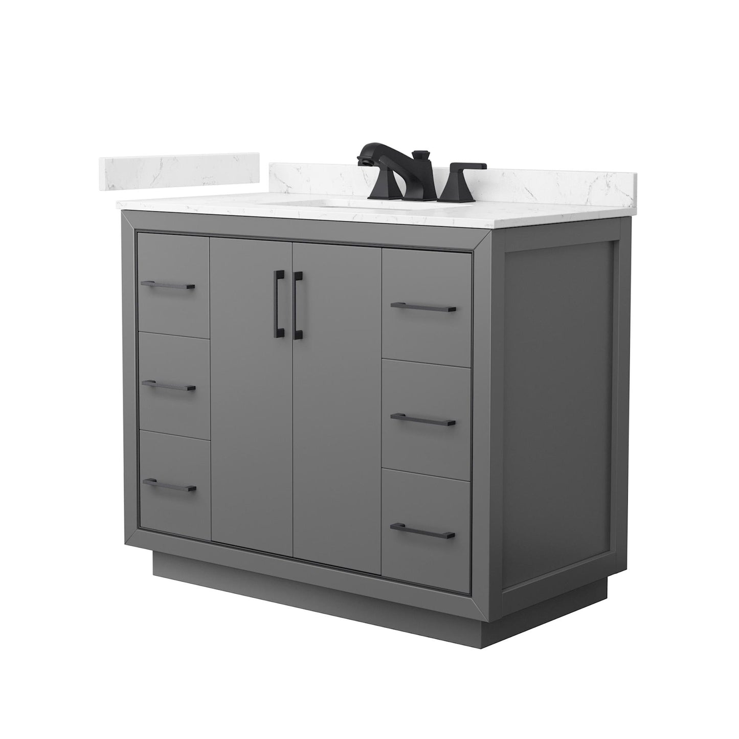 Wyndham Collection Icon 42" Single Bathroom Vanity in Dark Gray, Carrara Cultured Marble Countertop, Undermount Square Sink (3-Hole), Matte Black Trim