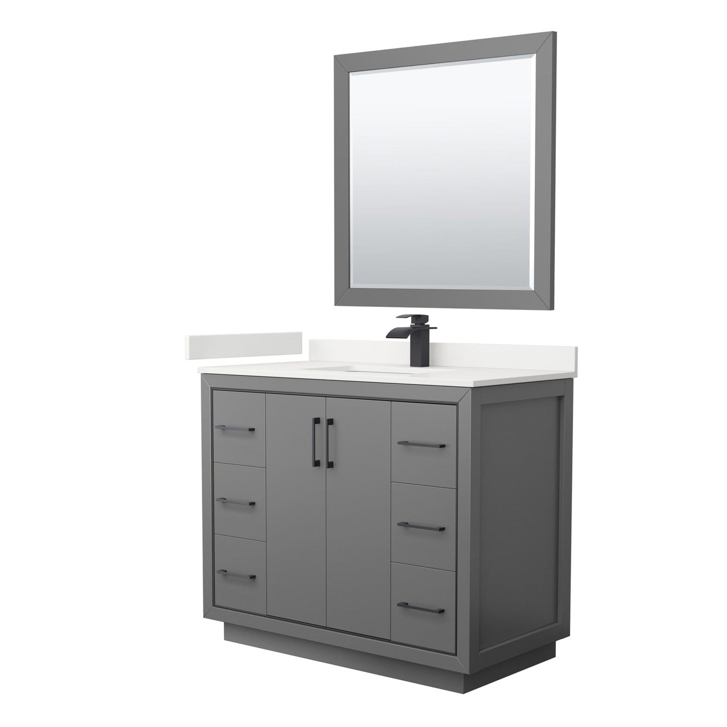 Wyndham Collection Icon 42" Single Bathroom Vanity in Dark Gray, White Quartz Countertop, Undermount Square Sink (1-Hole), Matte Black Trim, 34" Mirror