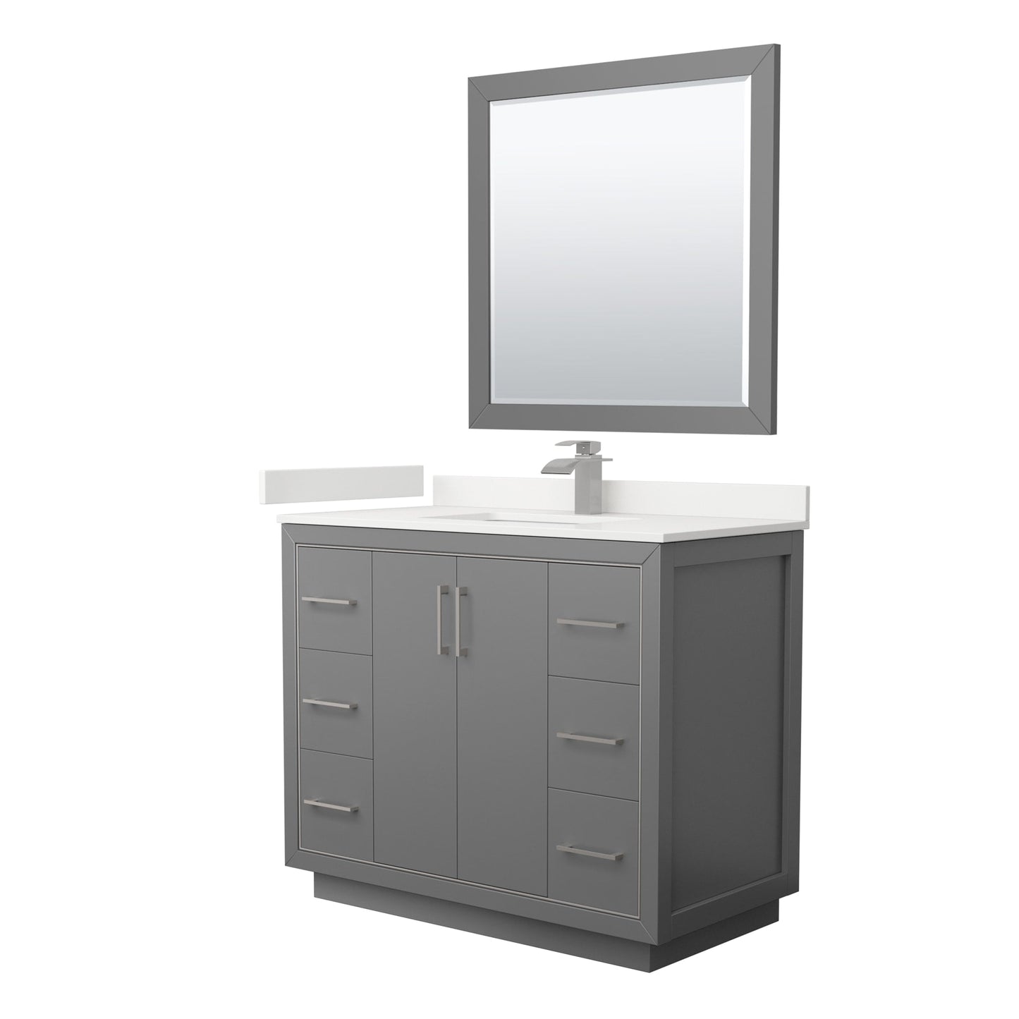 Wyndham Collection Icon 42" Single Bathroom Vanity in Dark Gray, White Quartz Countertop, Undermount Square Sink (1-Hole), Brushed Nickel Trim, 34" Mirror