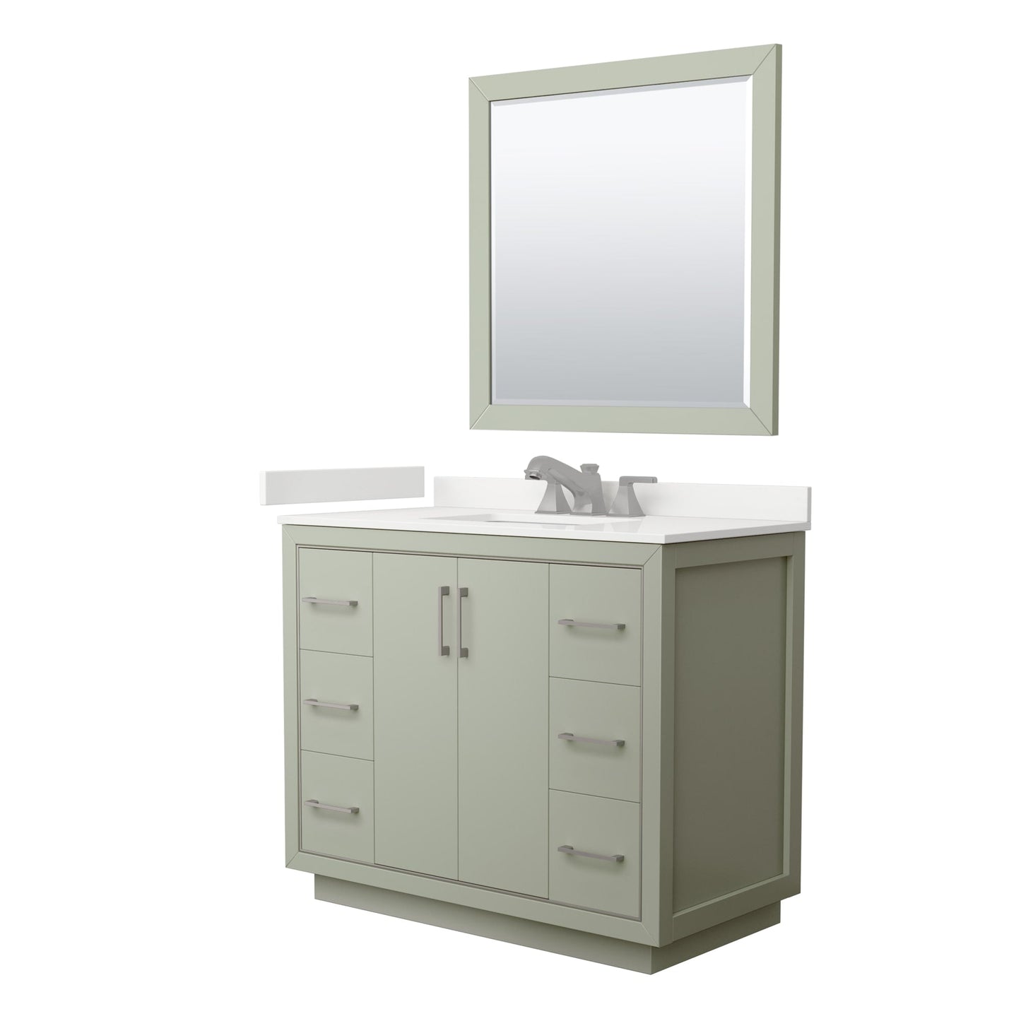 Wyndham Collection Icon 42" Single Bathroom Vanity in Light Green, White Quartz Countertop, Undermount Square Sink (3-Hole), Brushed Nickel Trim, 34" Mirror