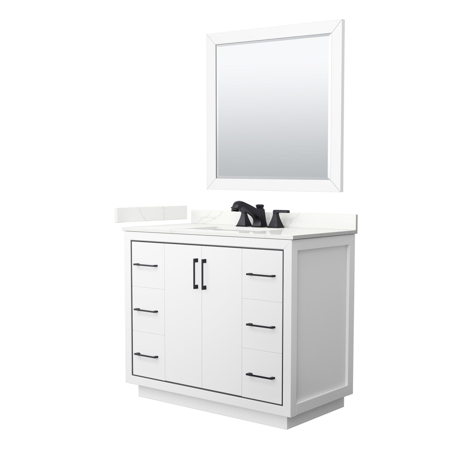 Wyndham Collection Icon 42" Single Bathroom Vanity in White, Giotto Quartz Countertop, Undermount Square Sink (3-Hole), Matte Black Trim, 34" Mirror