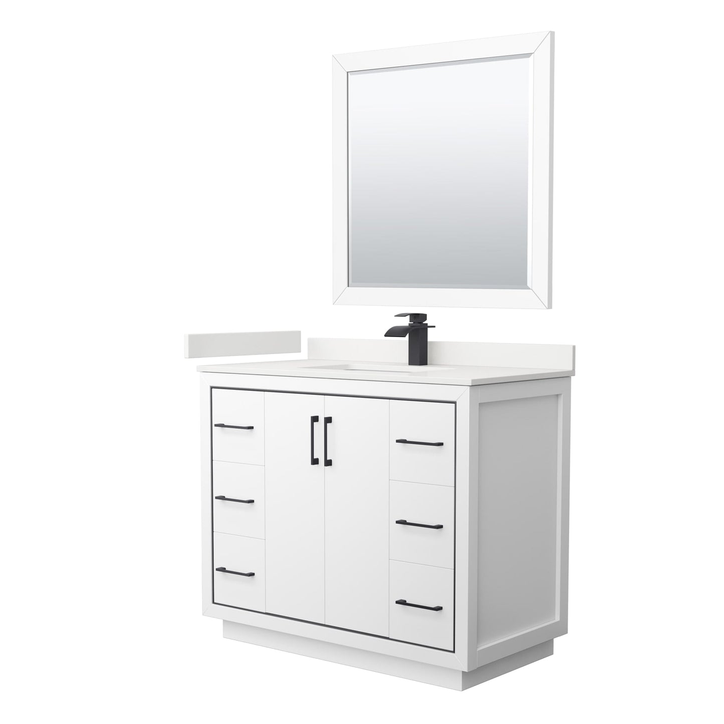 Wyndham Collection Icon 42" Single Bathroom Vanity in White, White Quartz Countertop, Undermount Square Sink (1-Hole), Matte Black Trim, 34" Mirror