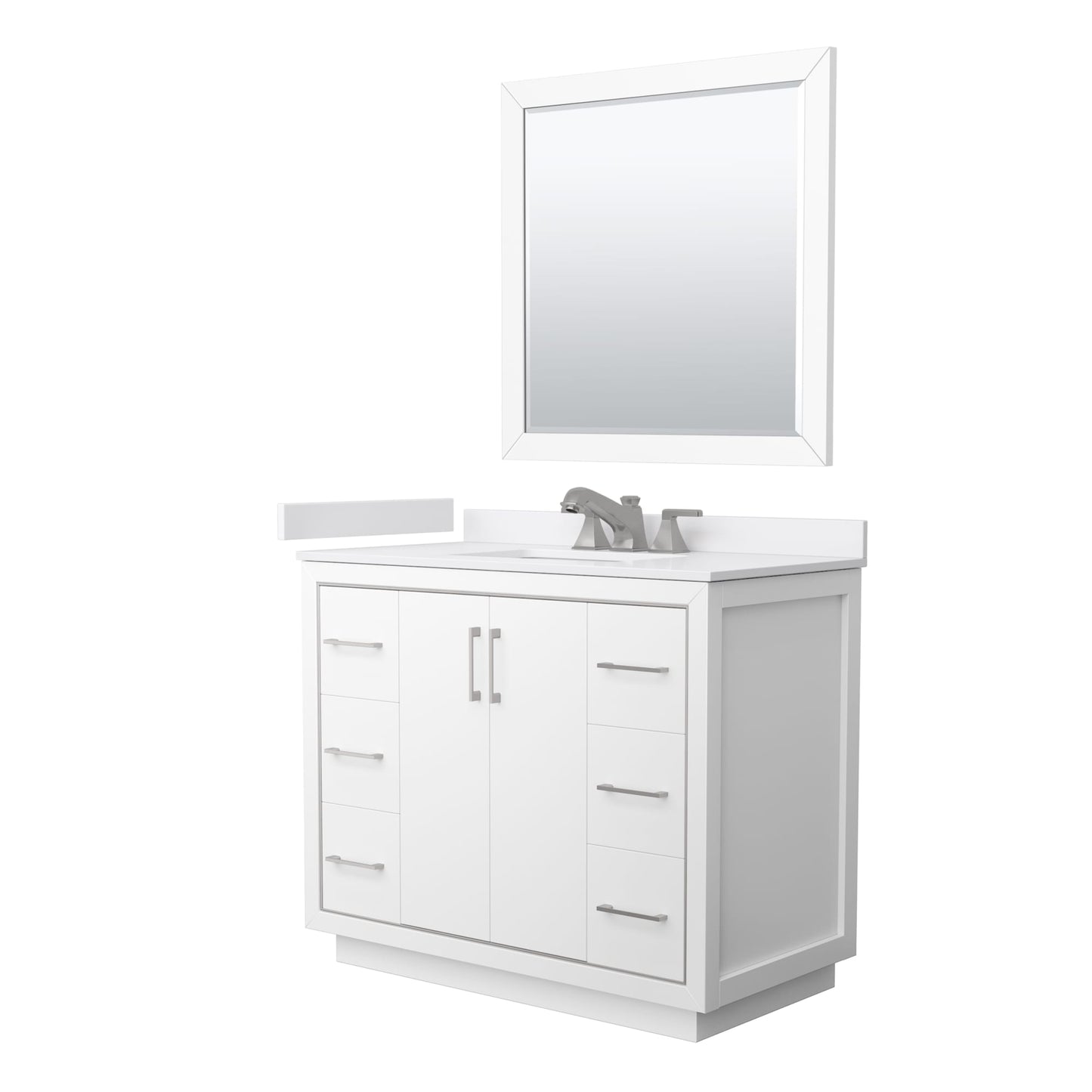 Wyndham Collection Icon 42" Single Bathroom Vanity in White, White Cultured Marble Countertop, Undermount Square Sink (3-Hole), Brushed Nickel Trim, 34" Mirror