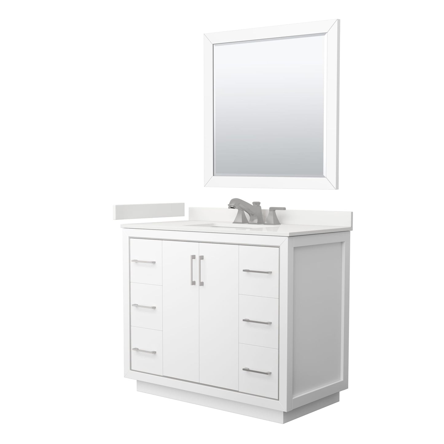 Wyndham Collection Icon 42" Single Bathroom Vanity in White, White Quartz Countertop, Undermount Square Sink (3-Hole), Brushed Nickel Trim, 34" Mirror