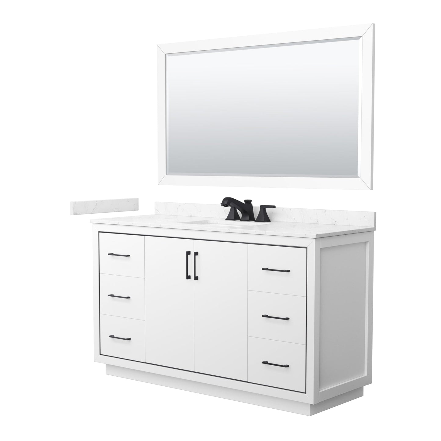 Wyndham Collection Icon 60" Single Bathroom Vanity in White, Carrara Cultured Marble Countertop, Undermount Square Sink (3-Hole), Matte Black Trim, 58" Mirror