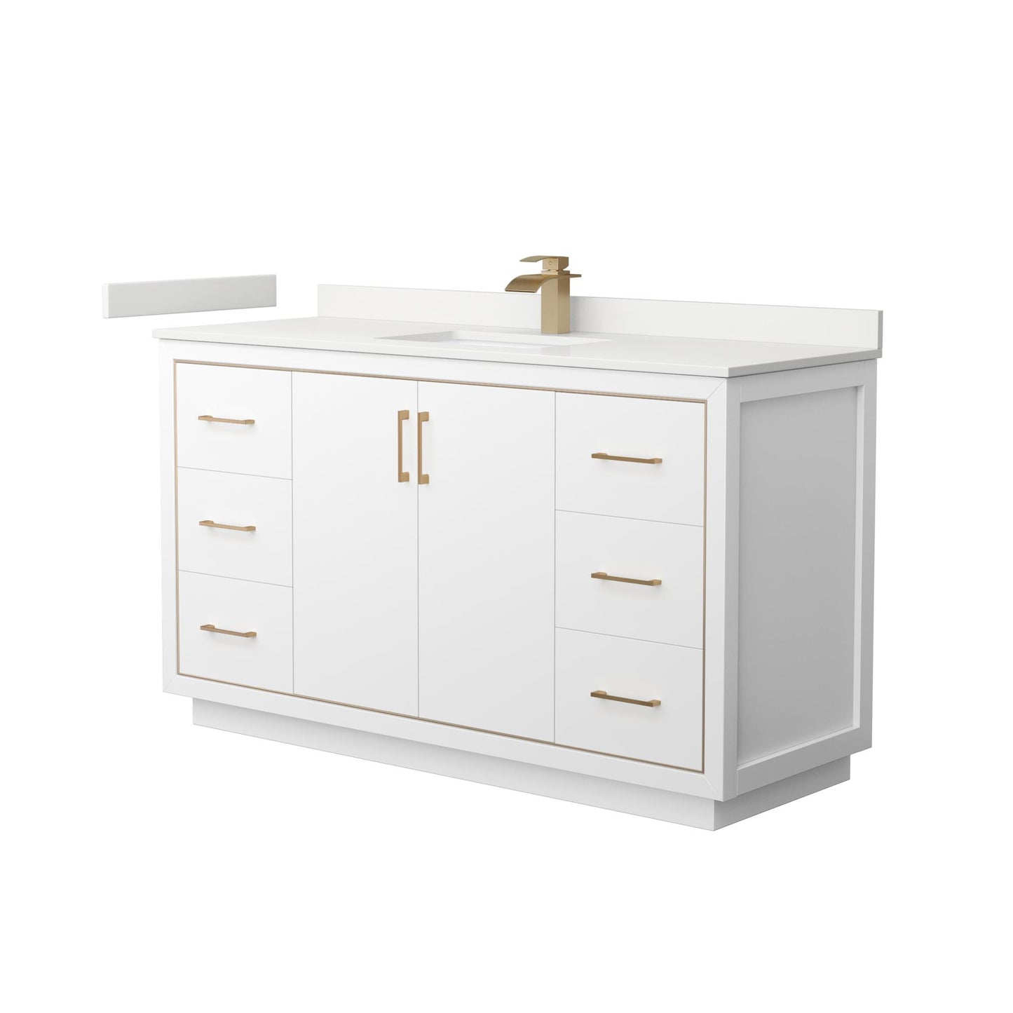 Wyndham Collection Icon 60" Single Bathroom Vanity in White, White Quartz Countertop, Undermount Square Sink (1-Hole), Satin Bronze Trim