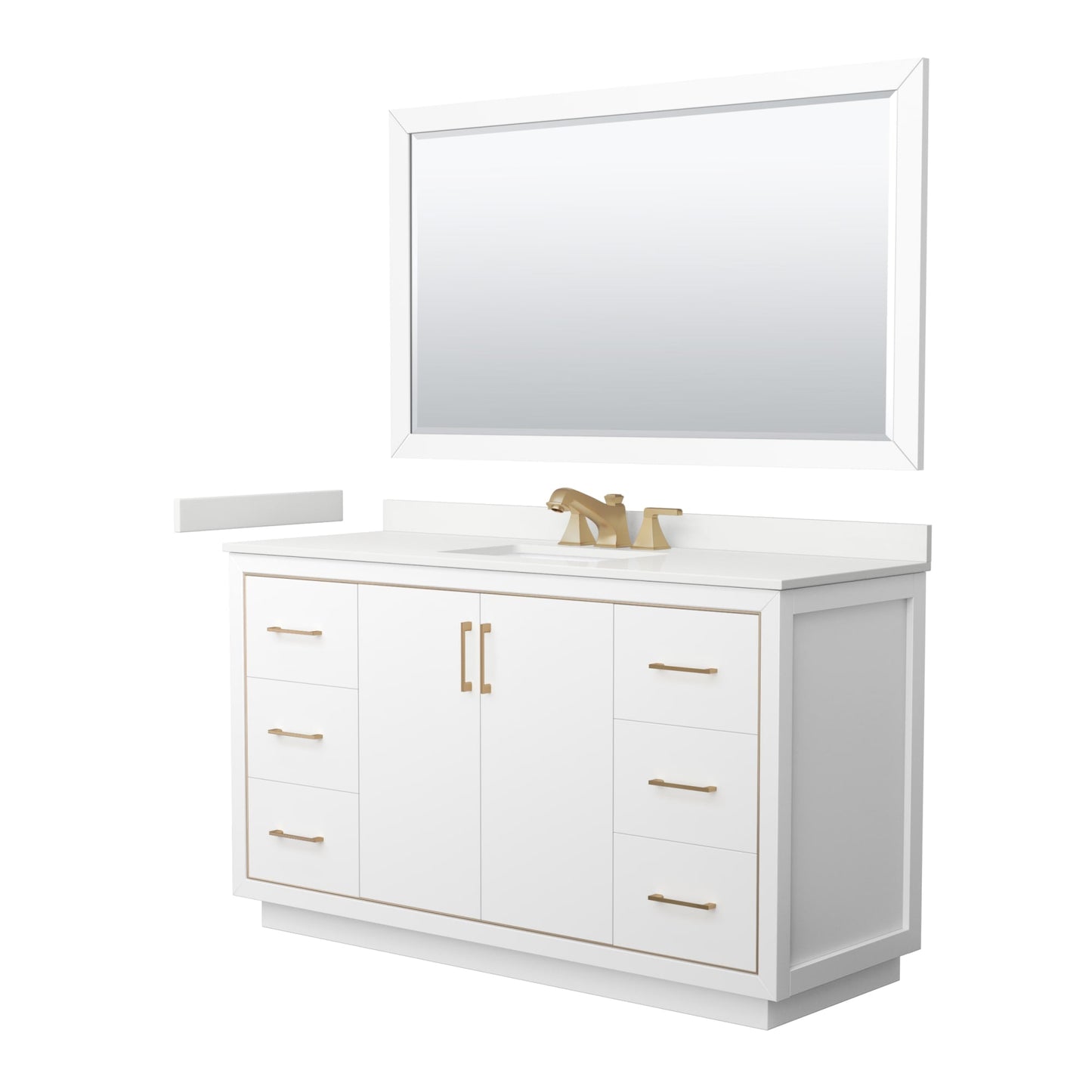 Wyndham Collection Icon 60" Single Bathroom Vanity in White, White Quartz Countertop, Undermount Square Sink (3-Hole), Satin Bronze Trim, 58" Mirror