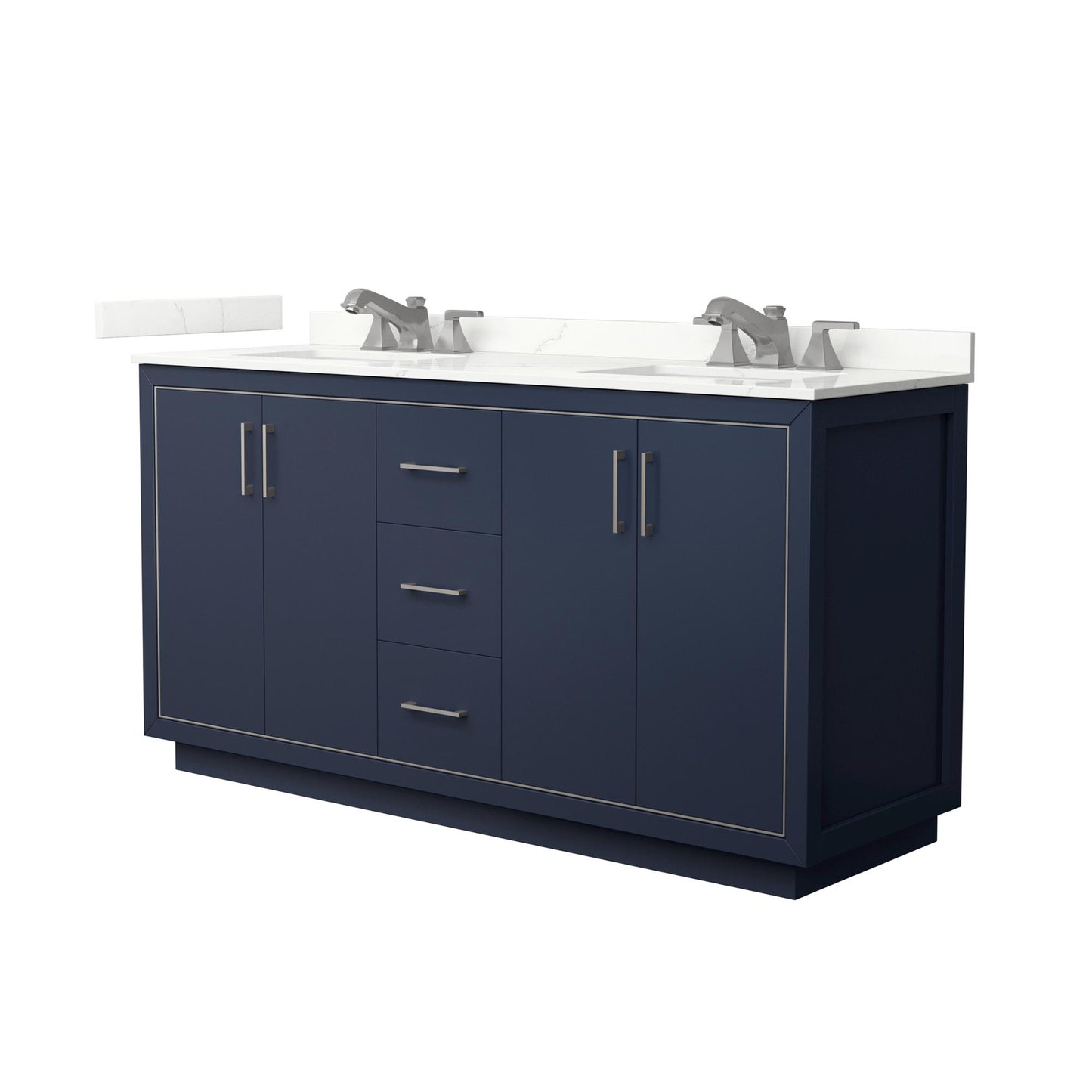Wyndham Collection Icon 66" Double Bathroom Vanity in Dark Blue, Giotto Quartz Countertop, Undermount Square Sinks (3-Hole), Brushed Nickel Trim