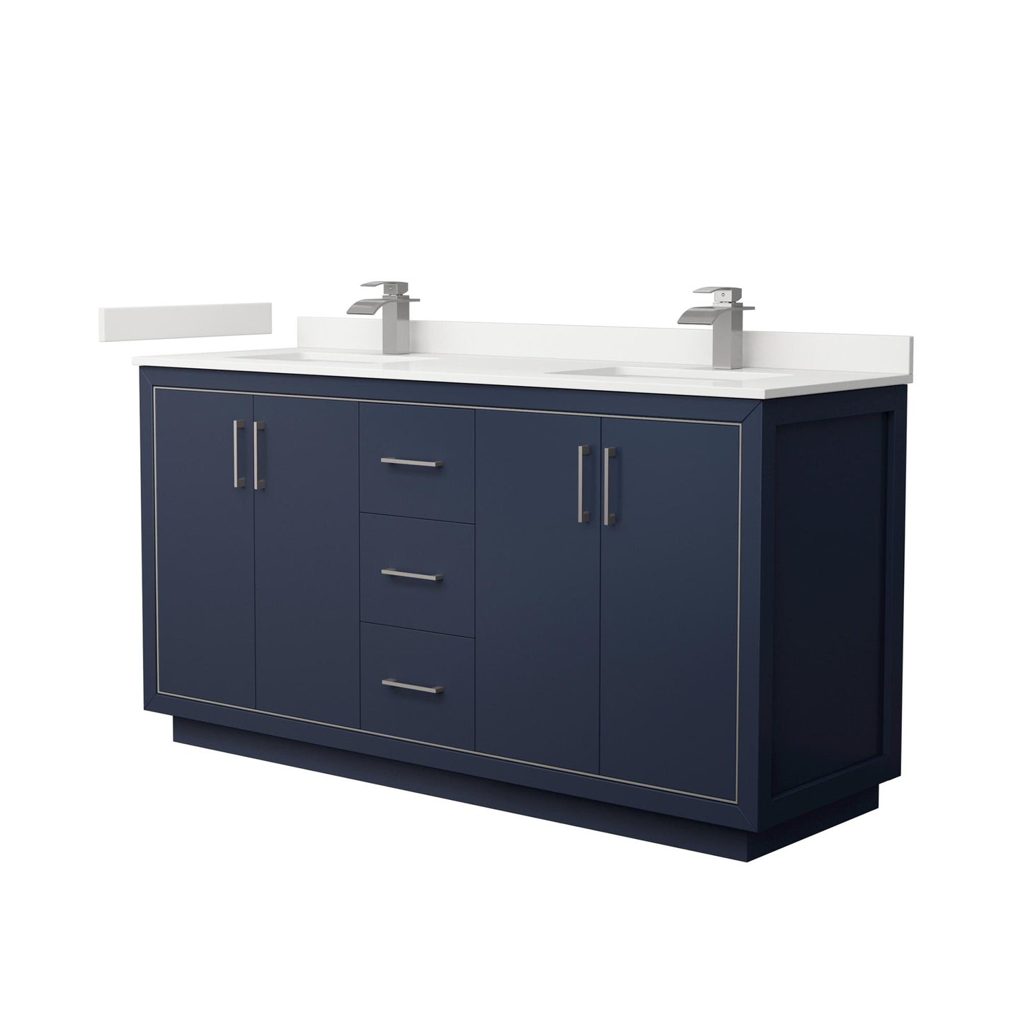 Wyndham Collection Icon 66" Double Bathroom Vanity in Dark Blue, White Quartz Countertop, Undermount Square Sinks (1-Hole), Brushed Nickel Trim