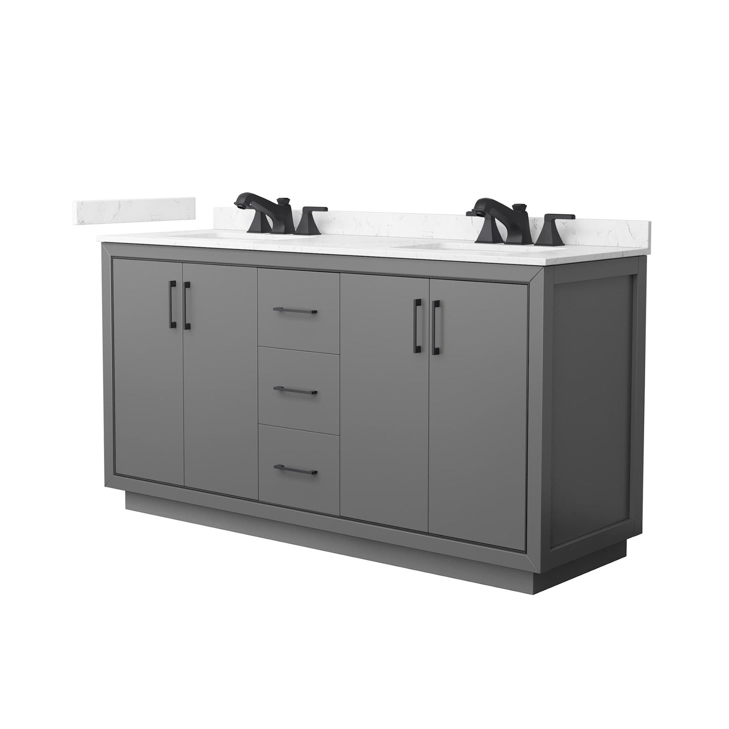 Wyndham Collection Icon 66" Double Bathroom Vanity in Dark Gray, Carrara Cultured Marble Countertop, Undermount Square Sinks (3-Hole), Matte Black Trim