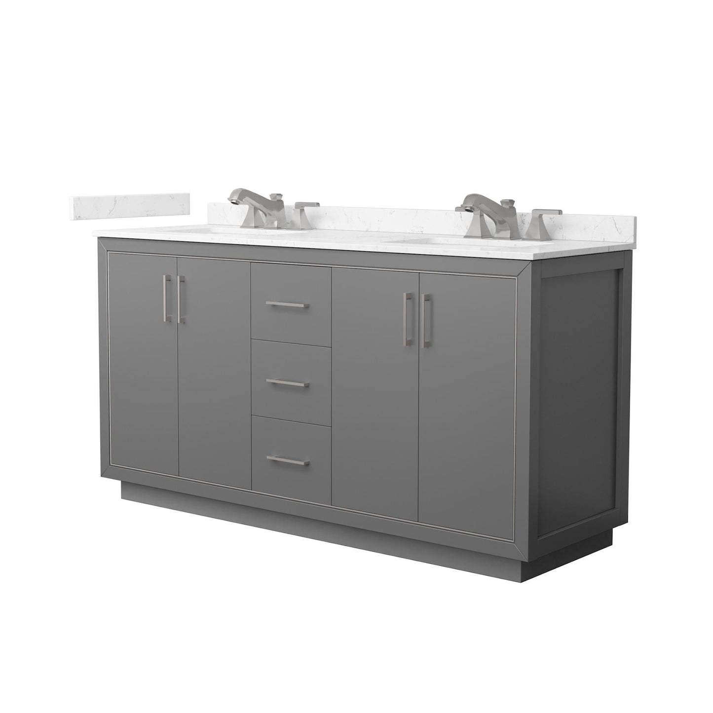 Wyndham Collection Icon 66" Double Bathroom Vanity in Dark Gray, Carrara Cultured Marble Countertop, Undermount Square Sinks (3-Hole), Brushed Nickel Trim