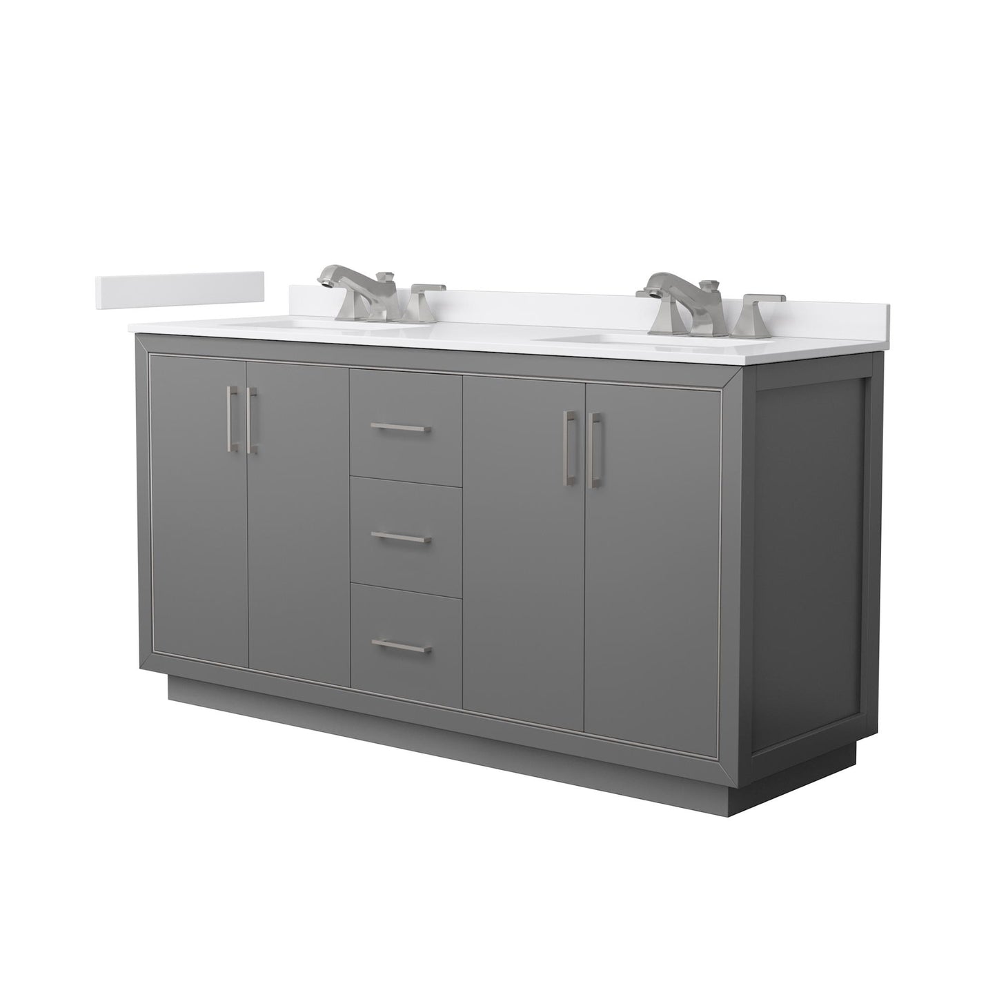 Wyndham Collection Icon 66" Double Bathroom Vanity in Dark Gray, White Cultured Marble Countertop, Undermount Square Sinks (3-Hole), Brushed Nickel Trim