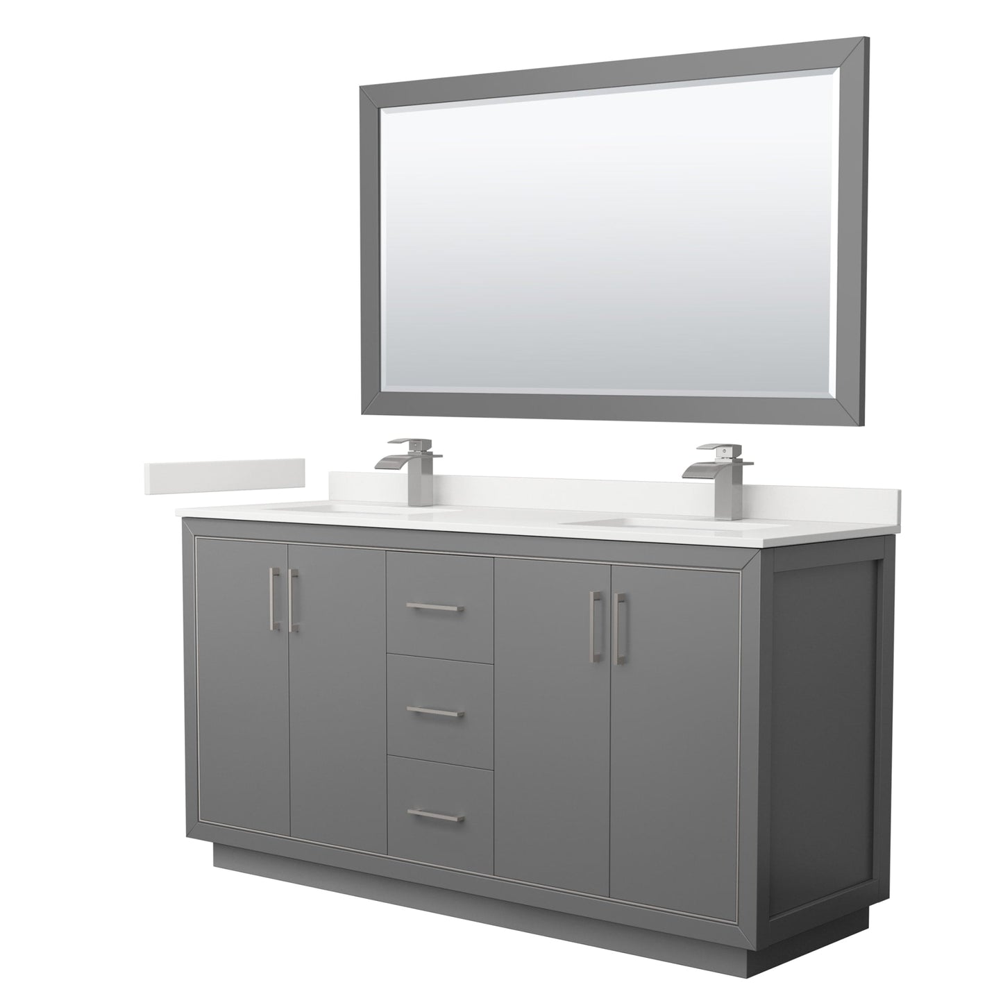Wyndham Collection Icon 66" Double Bathroom Vanity in Dark Gray, White Quartz Countertop, Undermount Square Sinks (1-Hole), Brushed Nickel Trim, 58" Mirror