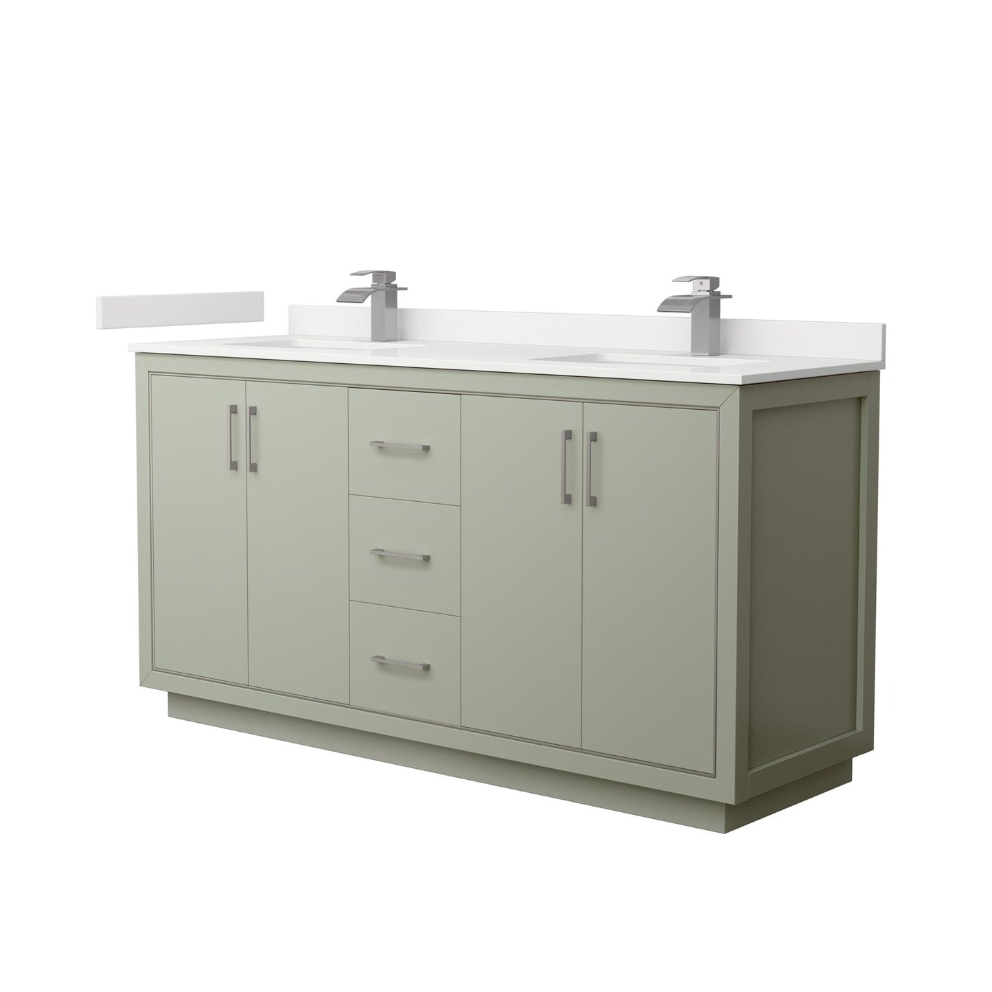Wyndham Collection Icon 66" Double Bathroom Vanity in Light Green, White Quartz Countertop, Undermount Square Sinks (1-Hole), Brushed Nickel Trim