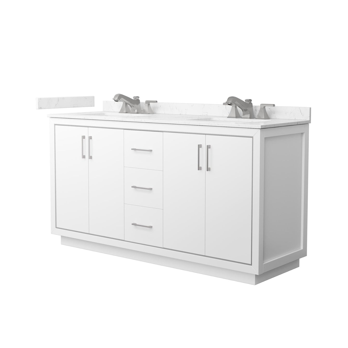 Wyndham Collection Icon 66" Double Bathroom Vanity in White, Carrara Cultured Marble Countertop, Undermount Square Sinks (3-Hole), Brushed Nickel Trim