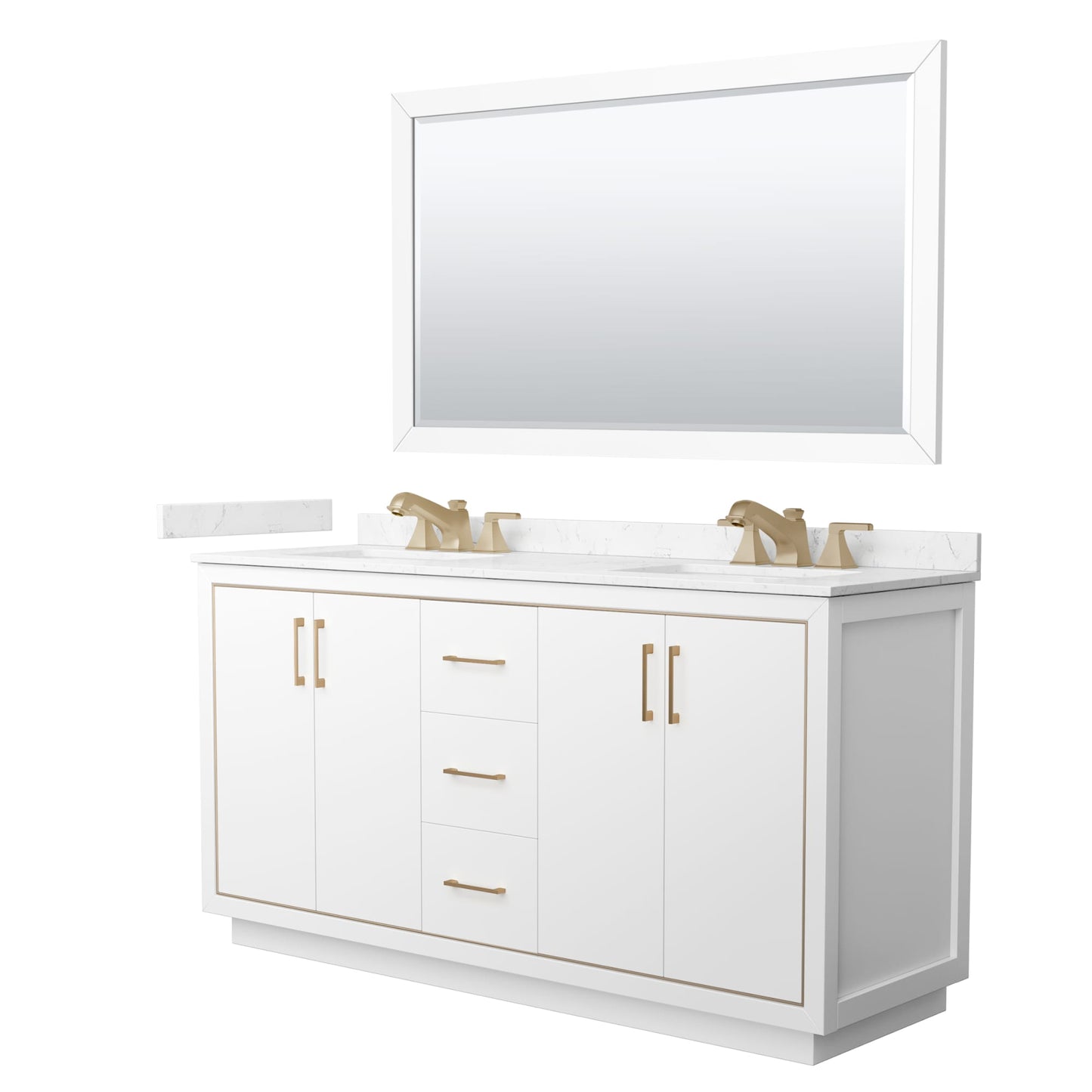 Wyndham Collection Icon 66" Double Bathroom Vanity in White, Carrara Cultured Marble Countertop, Undermount Square Sinks (3-Hole), Satin Bronze Trim, 58" Mirror