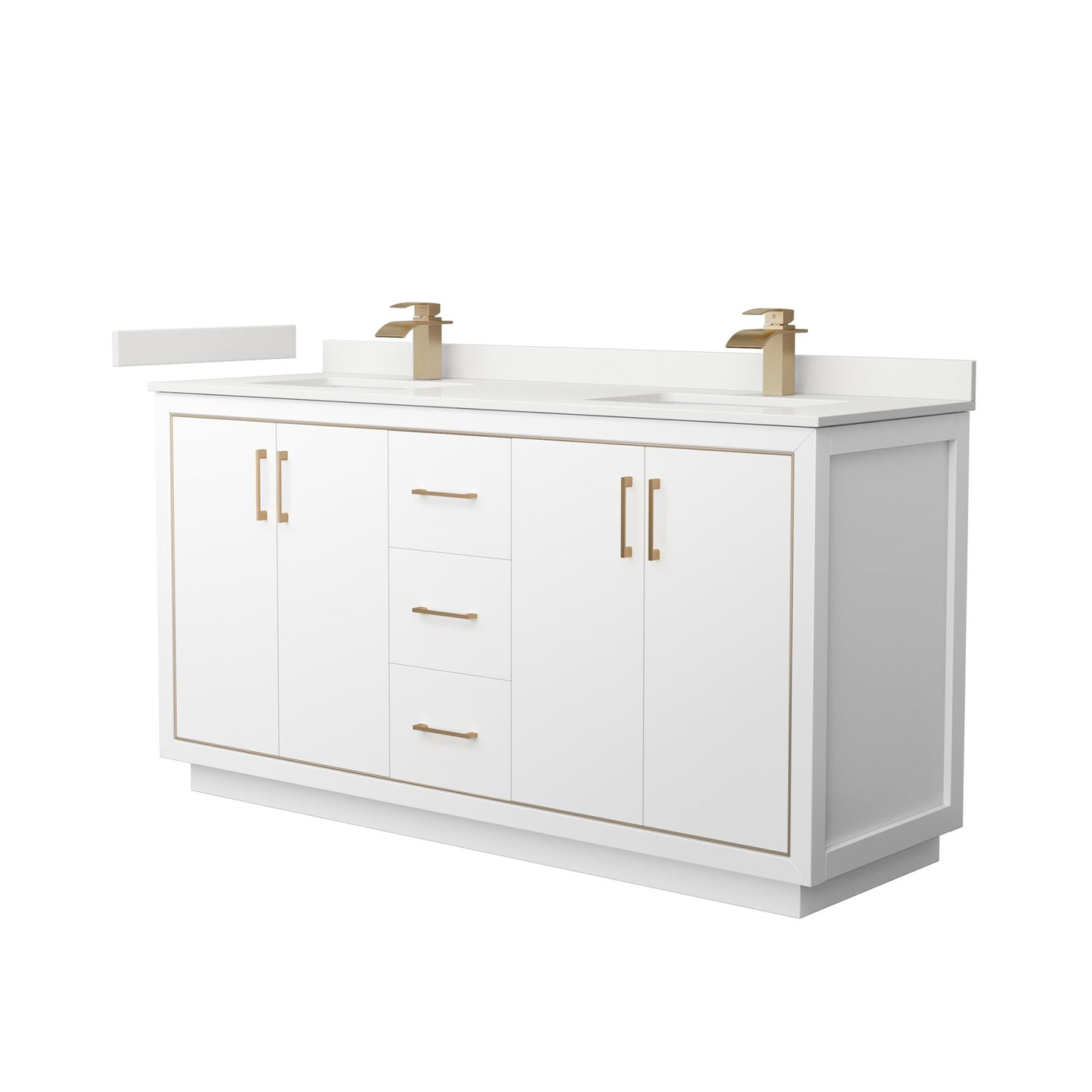 Wyndham Collection Icon 66" Double Bathroom Vanity in White, White Quartz Countertop, Undermount Square Sinks (1-Hole), Satin Bronze Trim