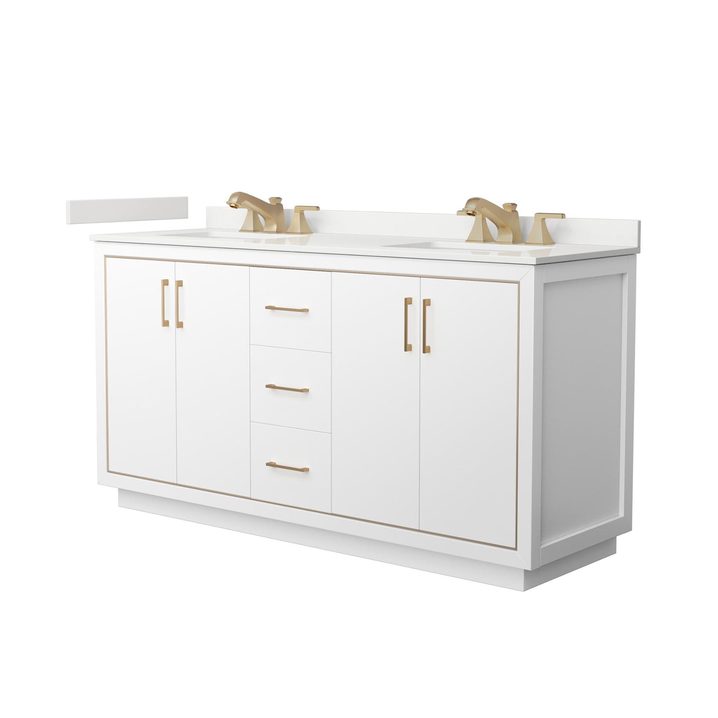Wyndham Collection Icon 66" Double Bathroom Vanity in White, White Quartz Countertop, Undermount Square Sinks (3-Hole), Satin Bronze Trim