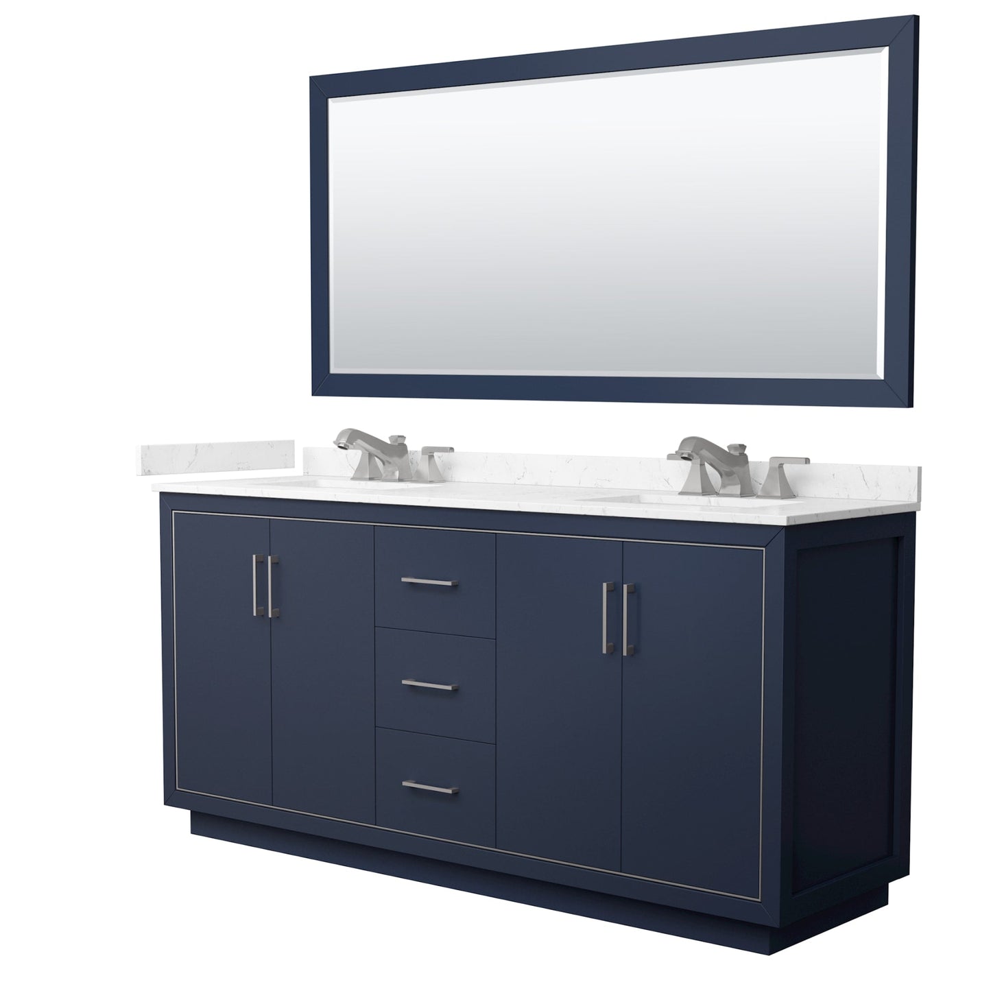 Wyndham Collection Icon 72" Double Bathroom Vanity in Dark Blue, Carrara Cultured Marble Countertop, Undermount Square Sinks (3-Hole), Brushed Nickel Trim, 70" Mirror