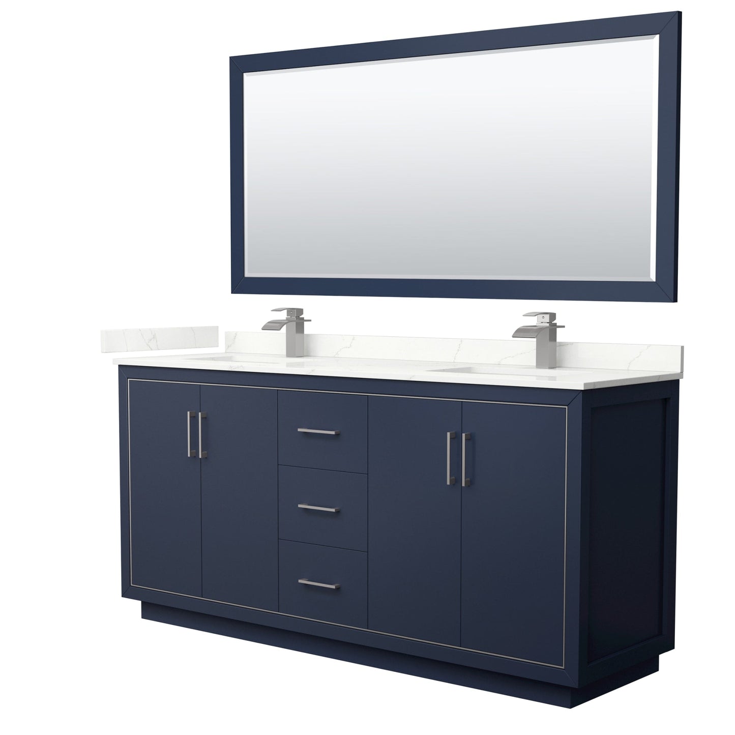 Wyndham Collection Icon 72" Double Bathroom Vanity in Dark Blue, Giotto Quartz Countertop, Undermount Square Sinks (1-Hole), Brushed Nickel Trim, 70" Mirror