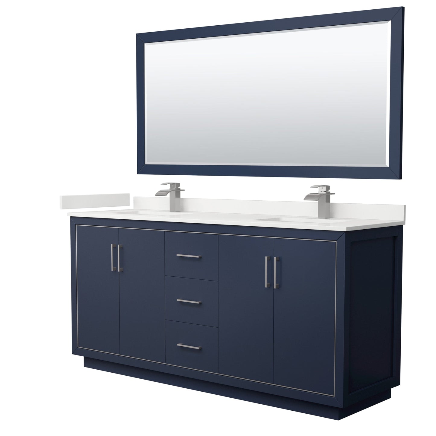 Wyndham Collection Icon 72" Double Bathroom Vanity in Dark Blue, White Quartz Countertop, Undermount Square Sinks (1-Hole), Brushed Nickel Trim, 70" Mirror