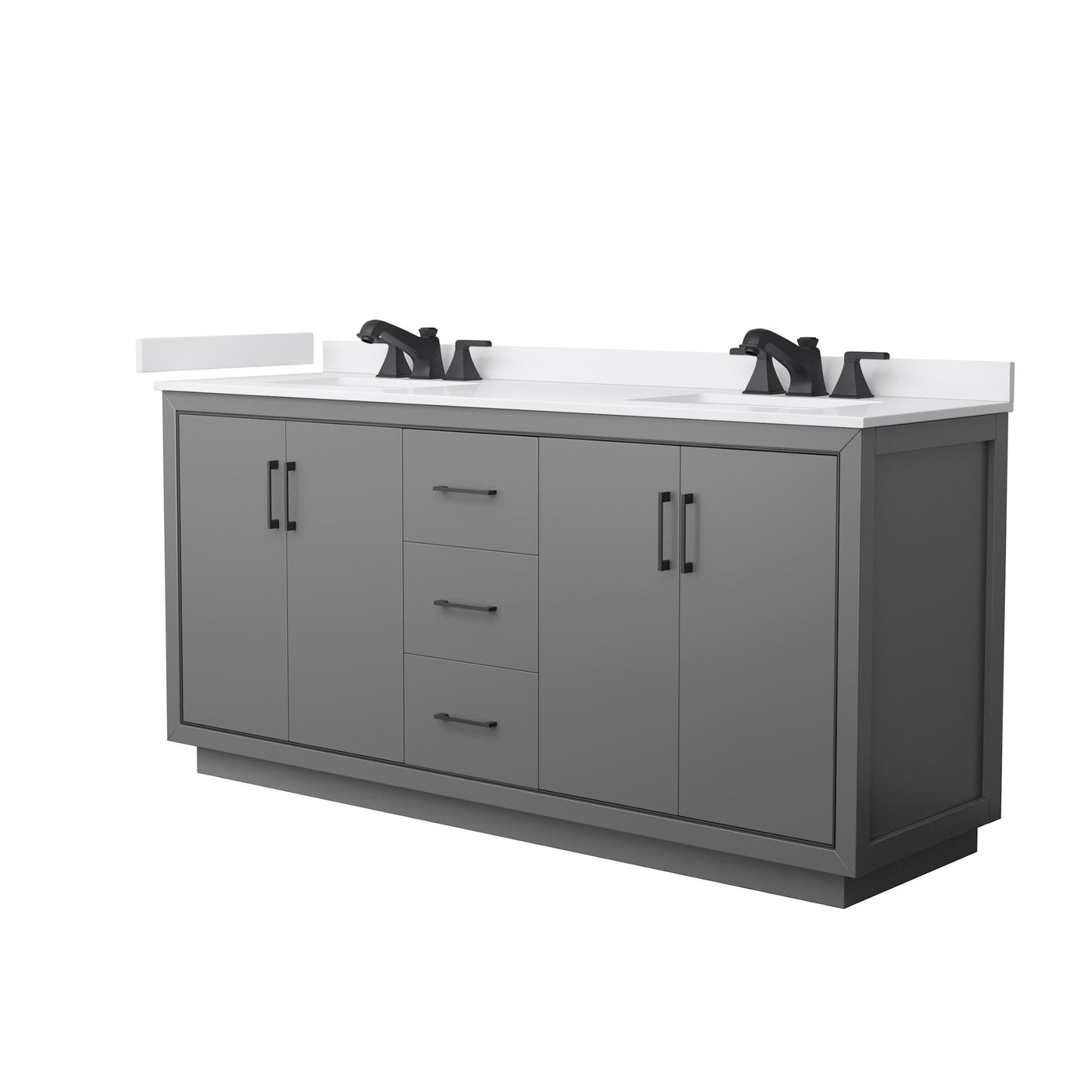 Wyndham Collection Icon 72" Double Bathroom Vanity in Dark Gray, White Cultured Marble Countertop, Undermount Square Sinks (3-Hole), Matte Black Trim