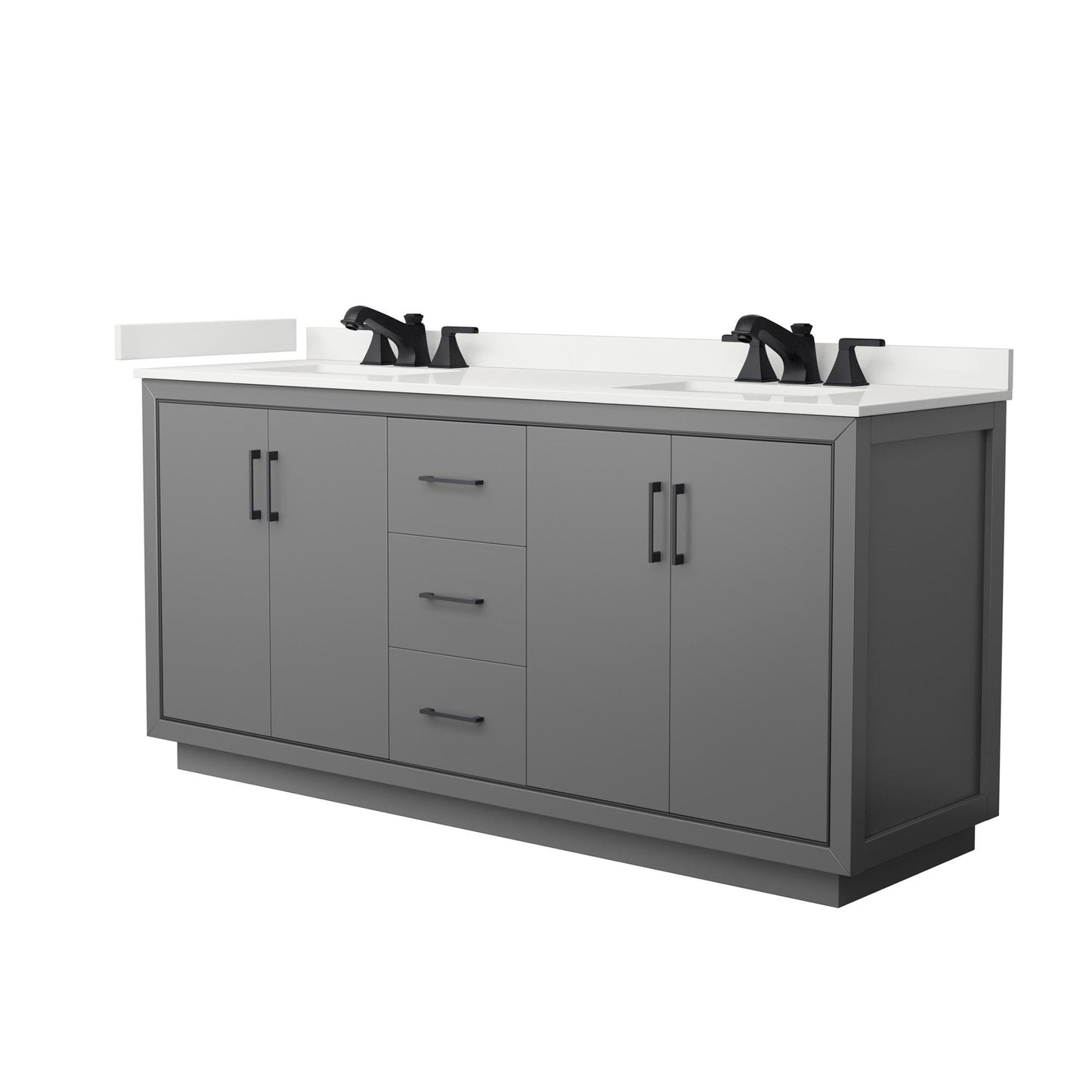 Wyndham Collection Icon 72" Double Bathroom Vanity in Dark Gray, White Quartz Countertop, Undermount Square Sinks (3-Hole), Matte Black Trim