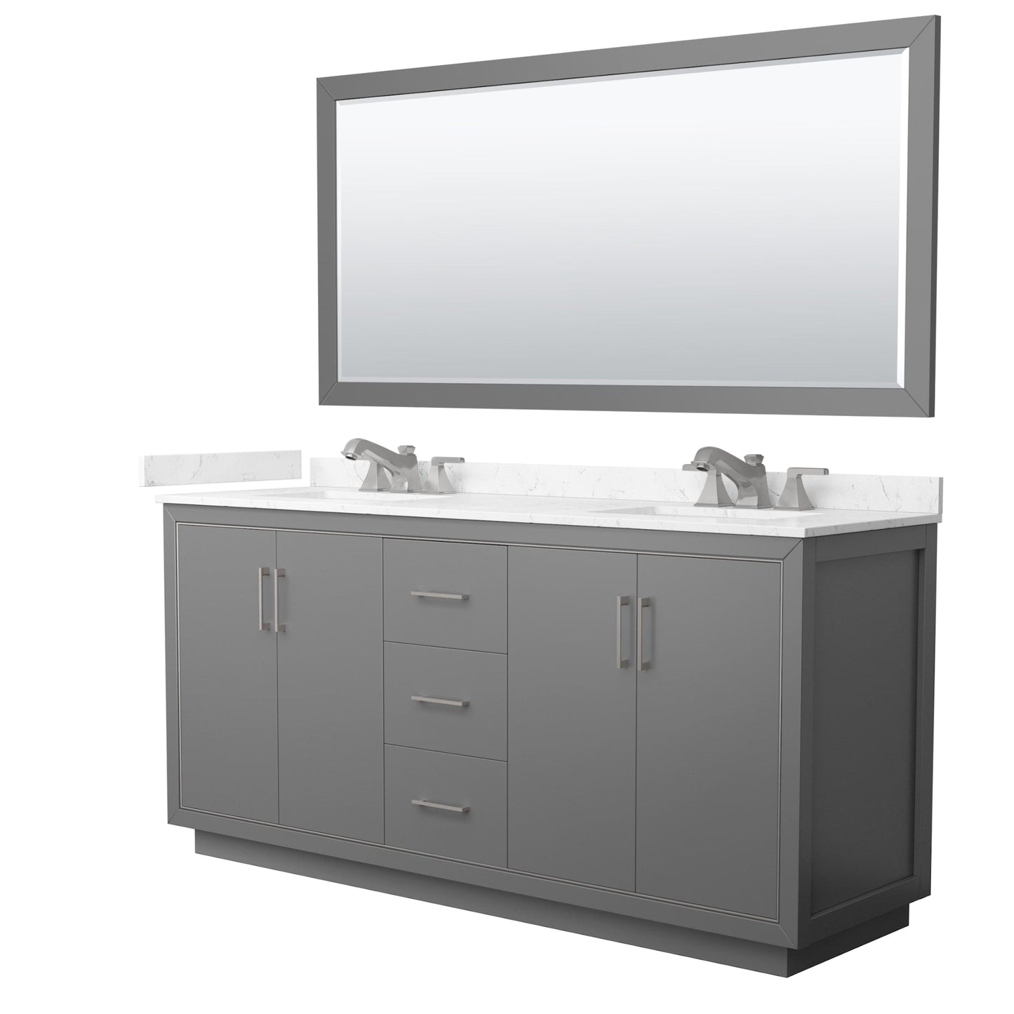 Wyndham Collection Icon 72" Double Bathroom Vanity in Dark Gray, Carrara Cultured Marble Countertop, Undermount Square Sinks (3-Hole), Brushed Nickel Trim, 70" Mirror