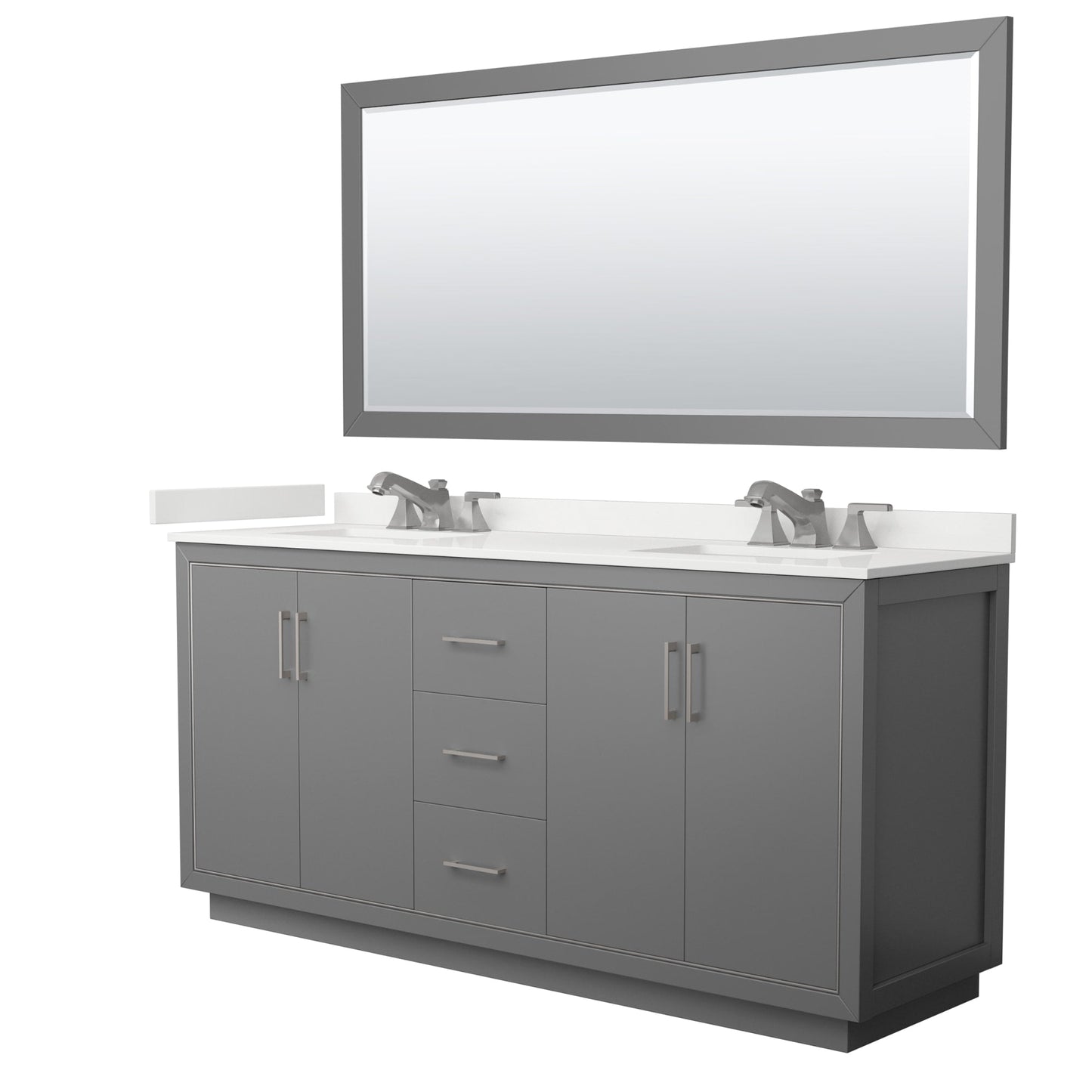 Wyndham Collection Icon 72" Double Bathroom Vanity in Dark Gray, White Quartz Countertop, Undermount Square Sinks (3-Hole), Brushed Nickel Trim, 70" Mirror