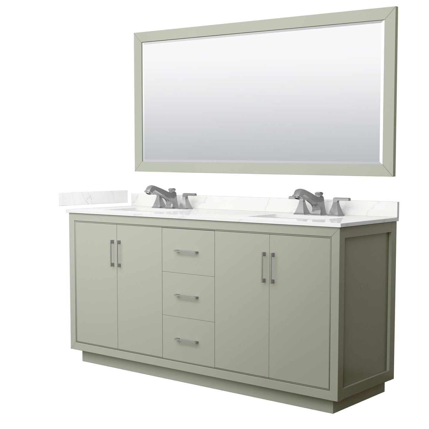 Wyndham Collection Icon 72" Double Bathroom Vanity in Light Green, Giotto Quartz Countertop, Undermount Square Sinks (3-Hole), Brushed Nickel Trim, 70" Mirror