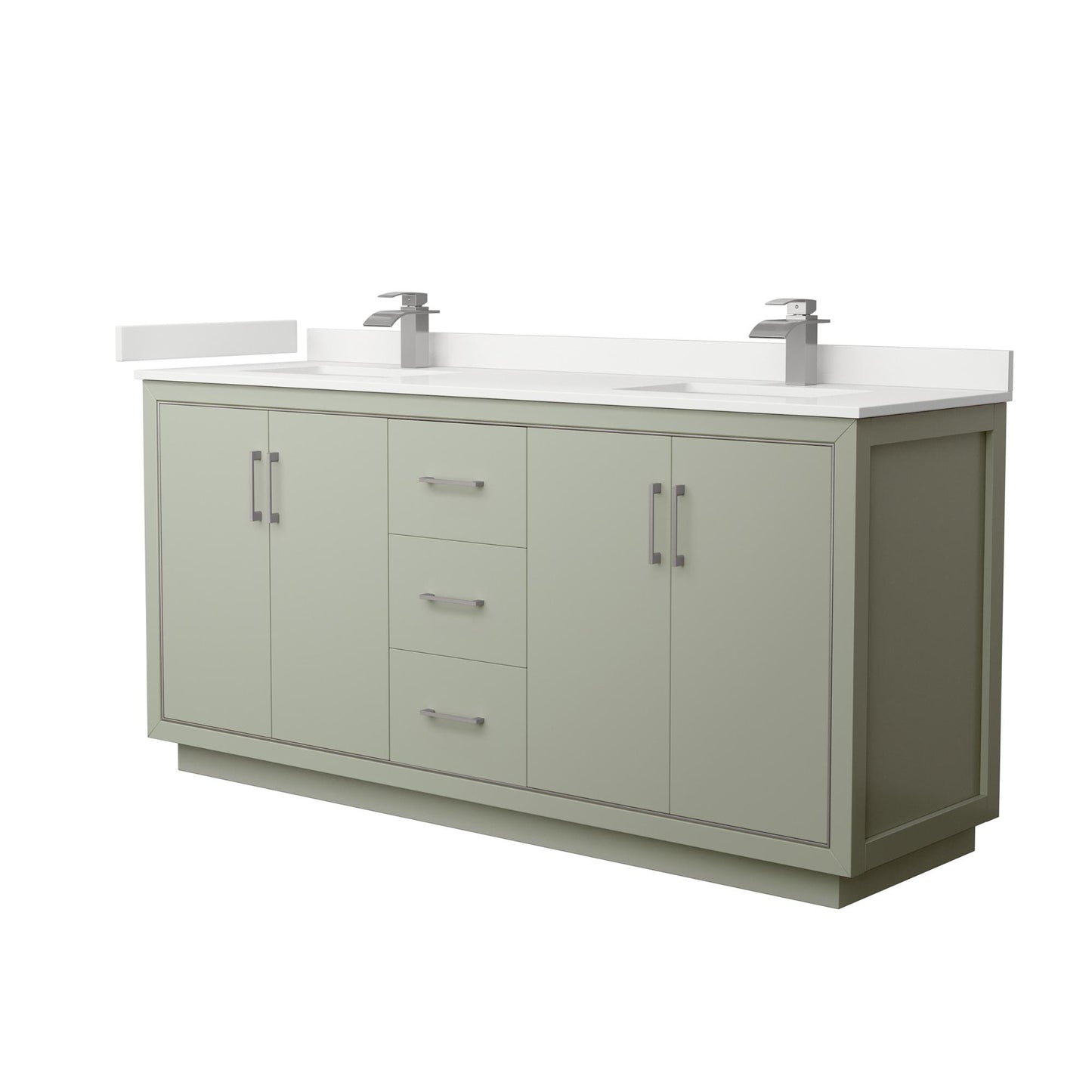 Wyndham Collection Icon 72" Double Bathroom Vanity in Light Green, White Quartz Countertop, Undermount Square Sinks (1-Hole), Brushed Nickel Trim