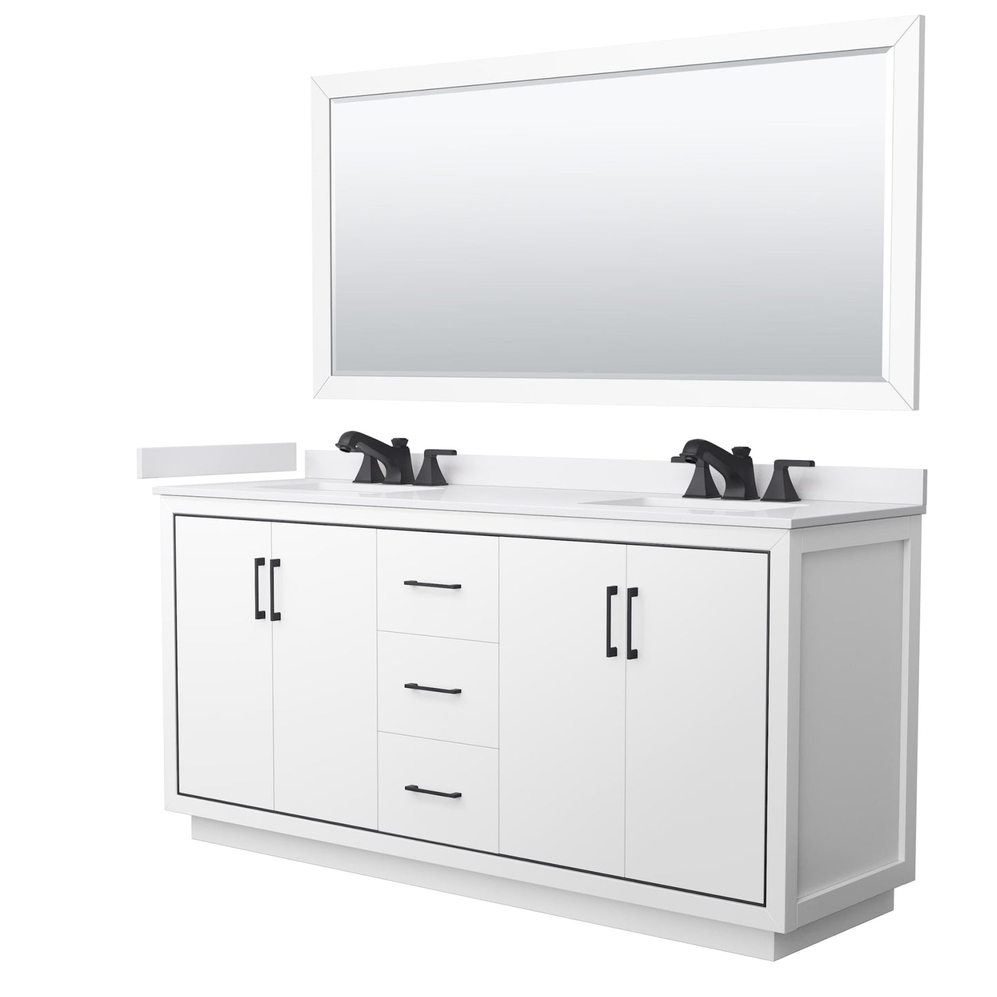 Wyndham Collection Icon 72" Double Bathroom Vanity in White, White Cultured Marble Countertop, Undermount Square Sinks (3-Hole), Matte Black Trim, 70" Mirror