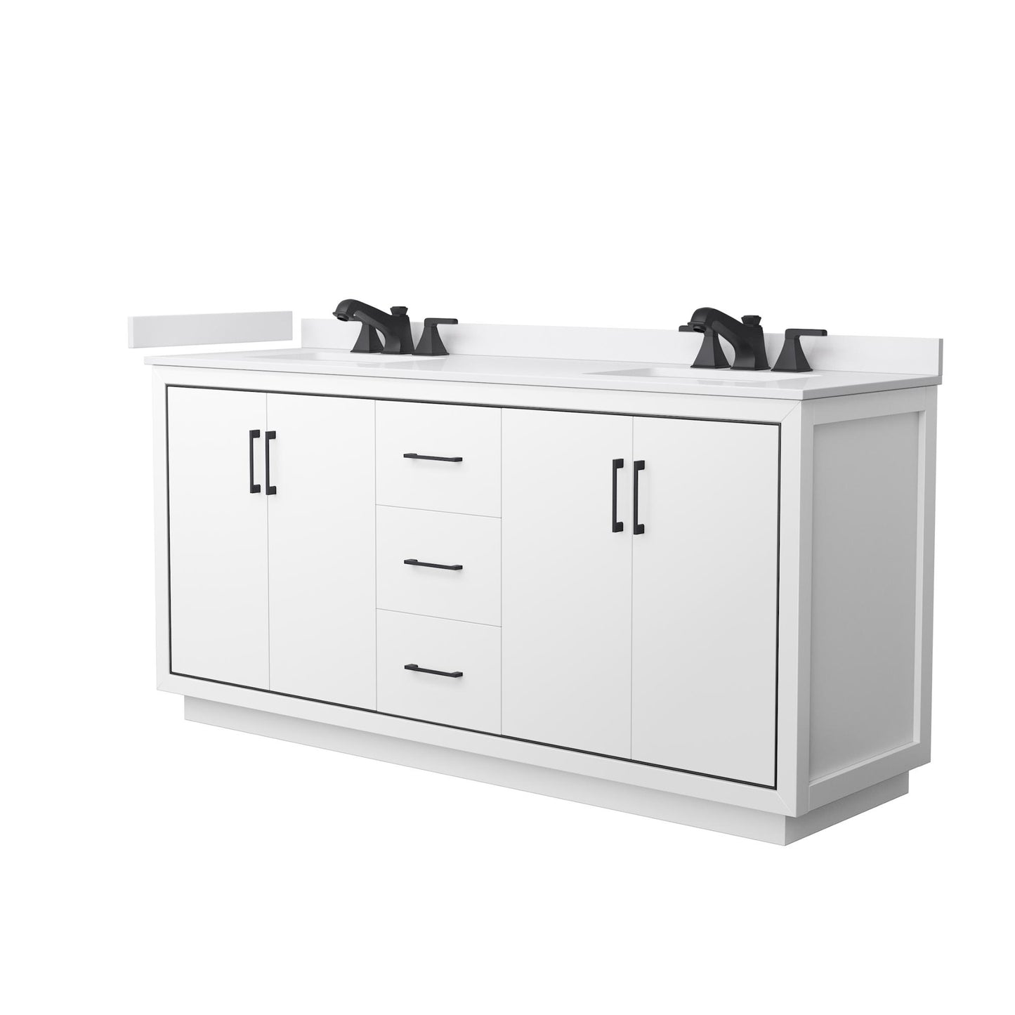 Wyndham Collection Icon 72" Double Bathroom Vanity in White, White Cultured Marble Countertop, Undermount Square Sinks (3-Hole), Matte Black Trim