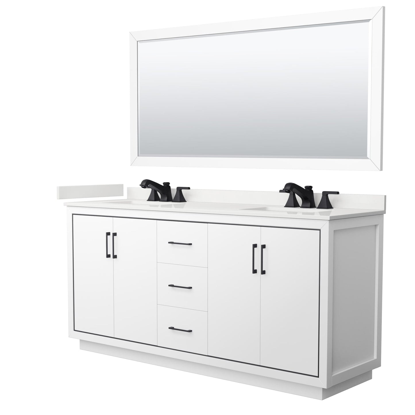 Wyndham Collection Icon 72" Double Bathroom Vanity in White, White Quartz Countertop, Undermount Square Sinks (3-Hole), Matte Black Trim, 70" Mirror