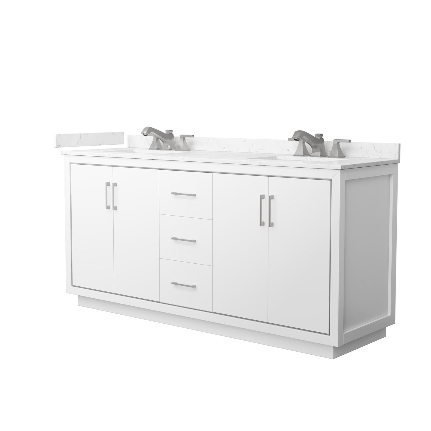 Wyndham Collection Icon 72" Double Bathroom Vanity in White, Carrara Cultured Marble Countertop, Undermount Square Sinks (3-Hole), Brushed Nickel Trim