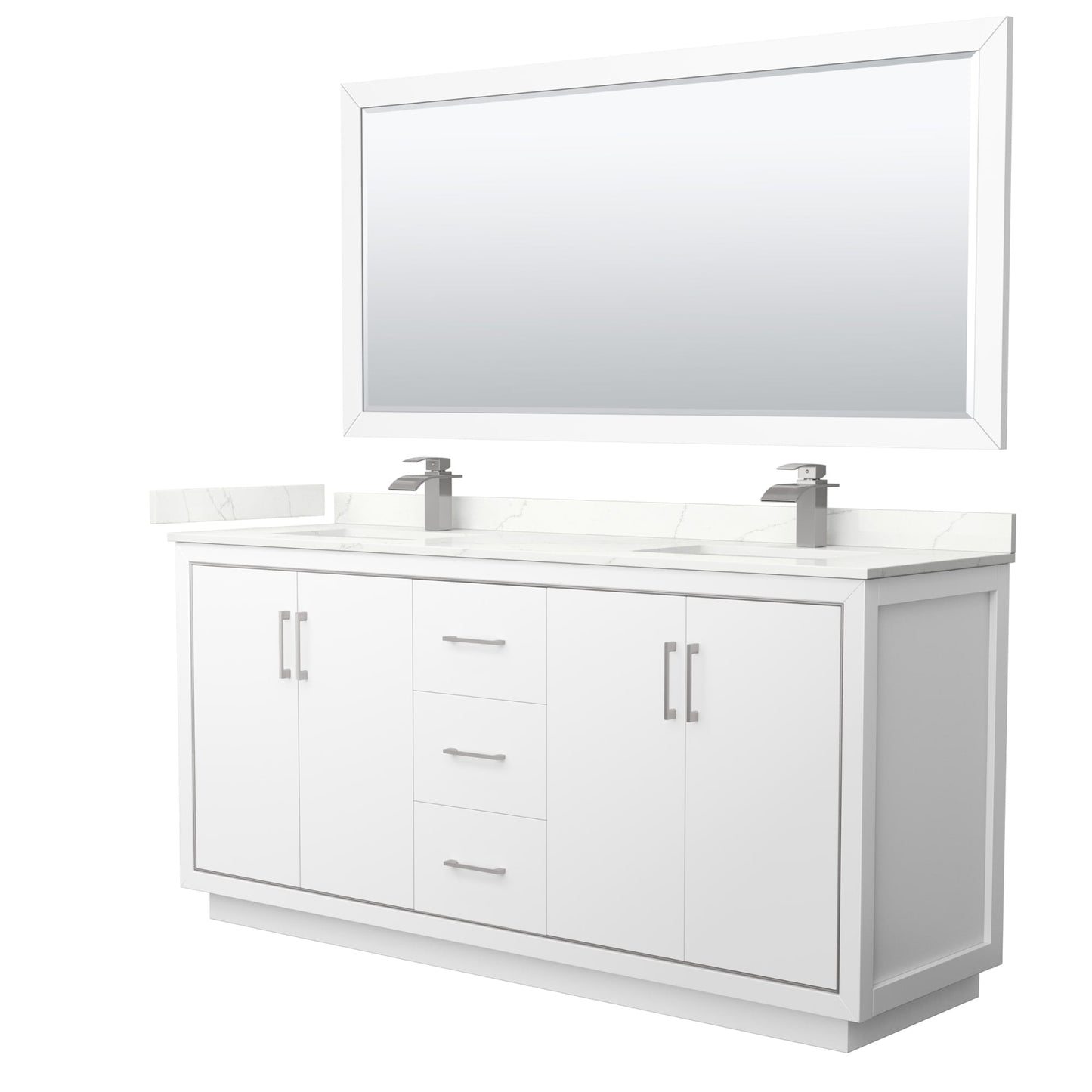 Wyndham Collection Icon 72" Double Bathroom Vanity in White, Giotto Quartz Countertop, Undermount Square Sinks (1-Hole), Brushed Nickel Trim, 70" Mirror