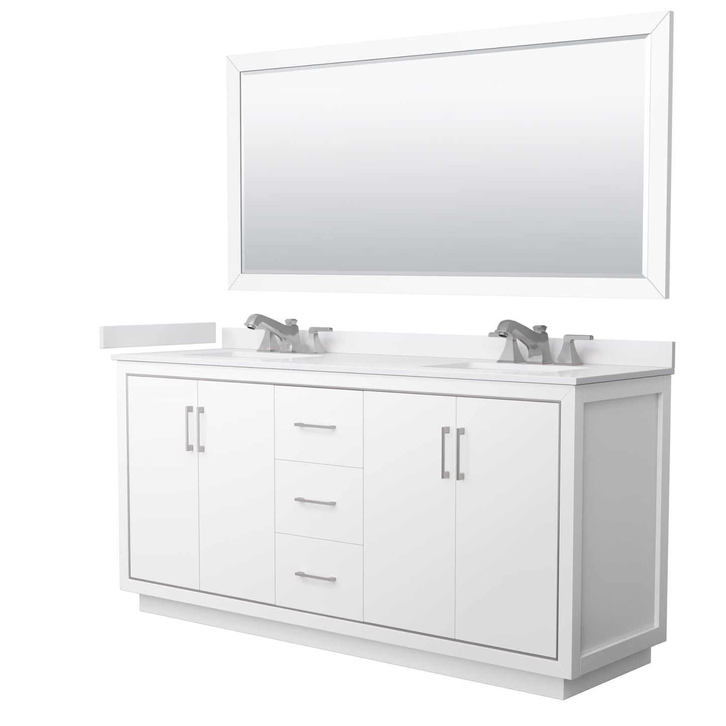 Wyndham Collection Icon 72" Double Bathroom Vanity in White, White Cultured Marble Countertop, Undermount Square Sinks (3-Hole), Brushed Nickel Trim, 70" Mirror