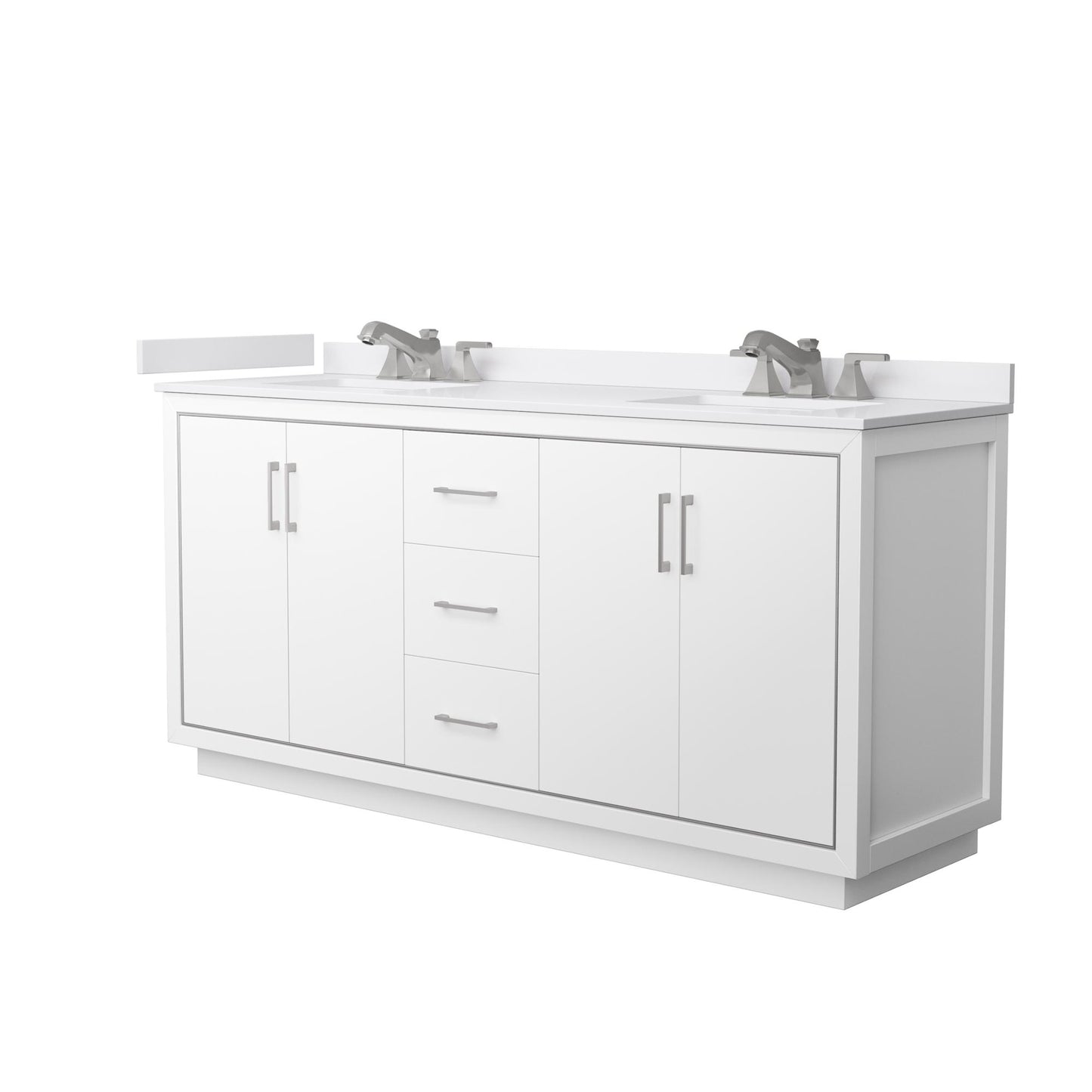 Wyndham Collection Icon 72" Double Bathroom Vanity in White, White Cultured Marble Countertop, Undermount Square Sinks (3-Hole), Brushed Nickel Trim