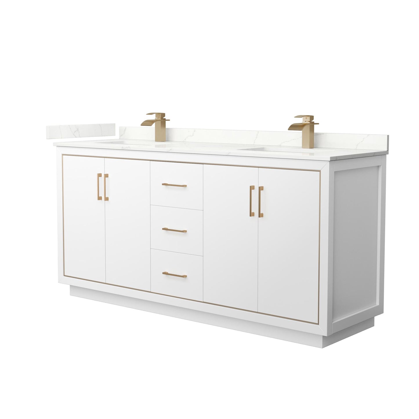 Wyndham Collection Icon 72" Double Bathroom Vanity in White, Giotto Quartz Countertop, Undermount Square Sinks (1-Hole), Satin Bronze Trim