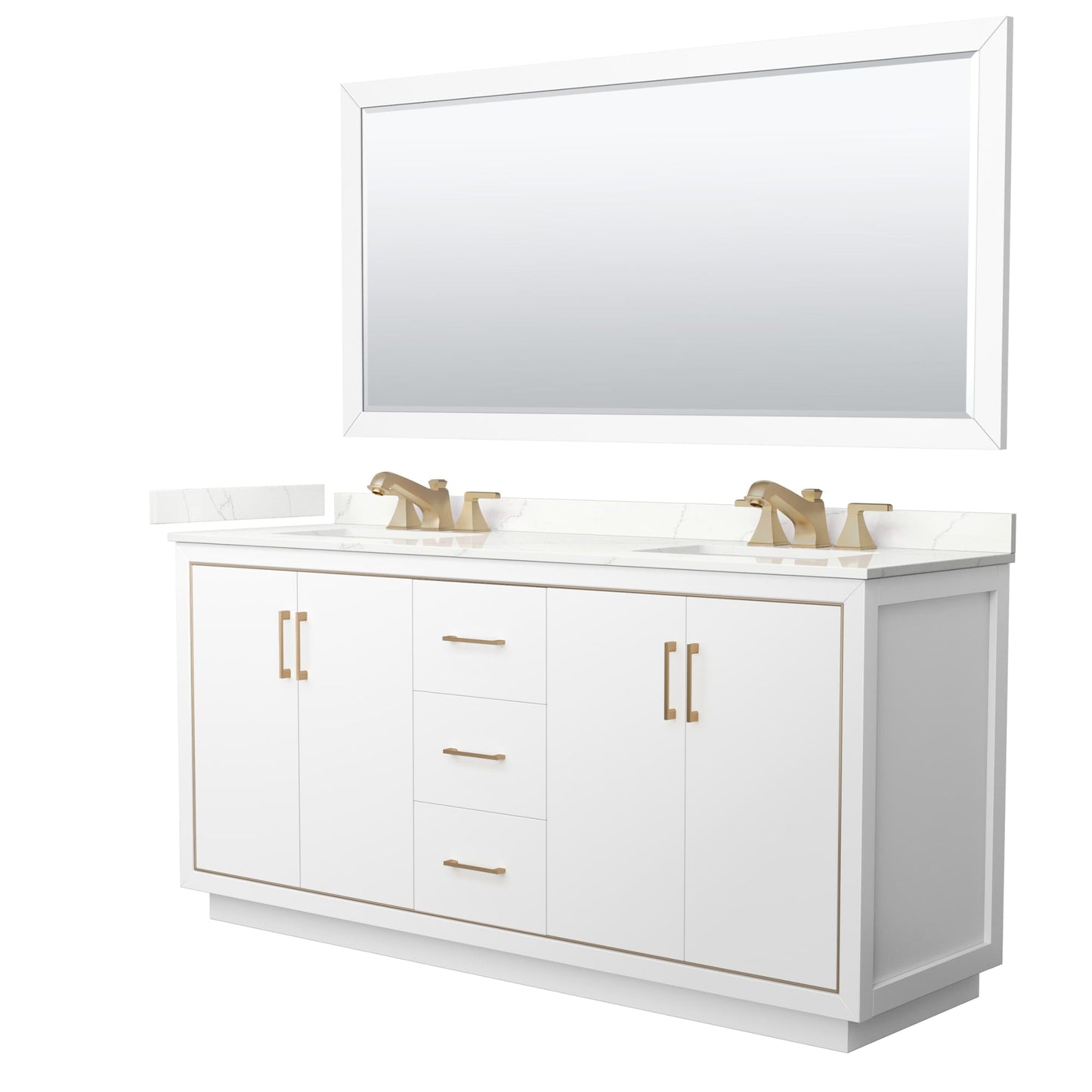 Wyndham Collection Icon 72" Double Bathroom Vanity in White, Giotto Quartz Countertop, Undermount Square Sinks (3-Hole), Satin Bronze Trim, 70" Mirror