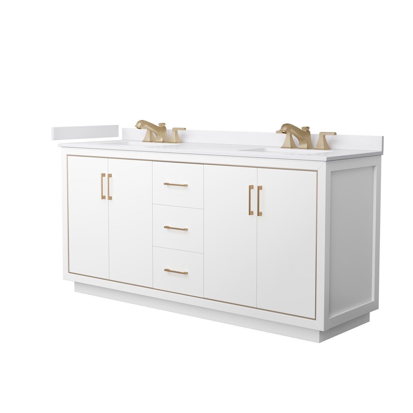 Wyndham Collection Icon 72" Double Bathroom Vanity in White, White Cultured Marble Countertop, Undermount Square Sinks (3-Hole), Satin Bronze Trim