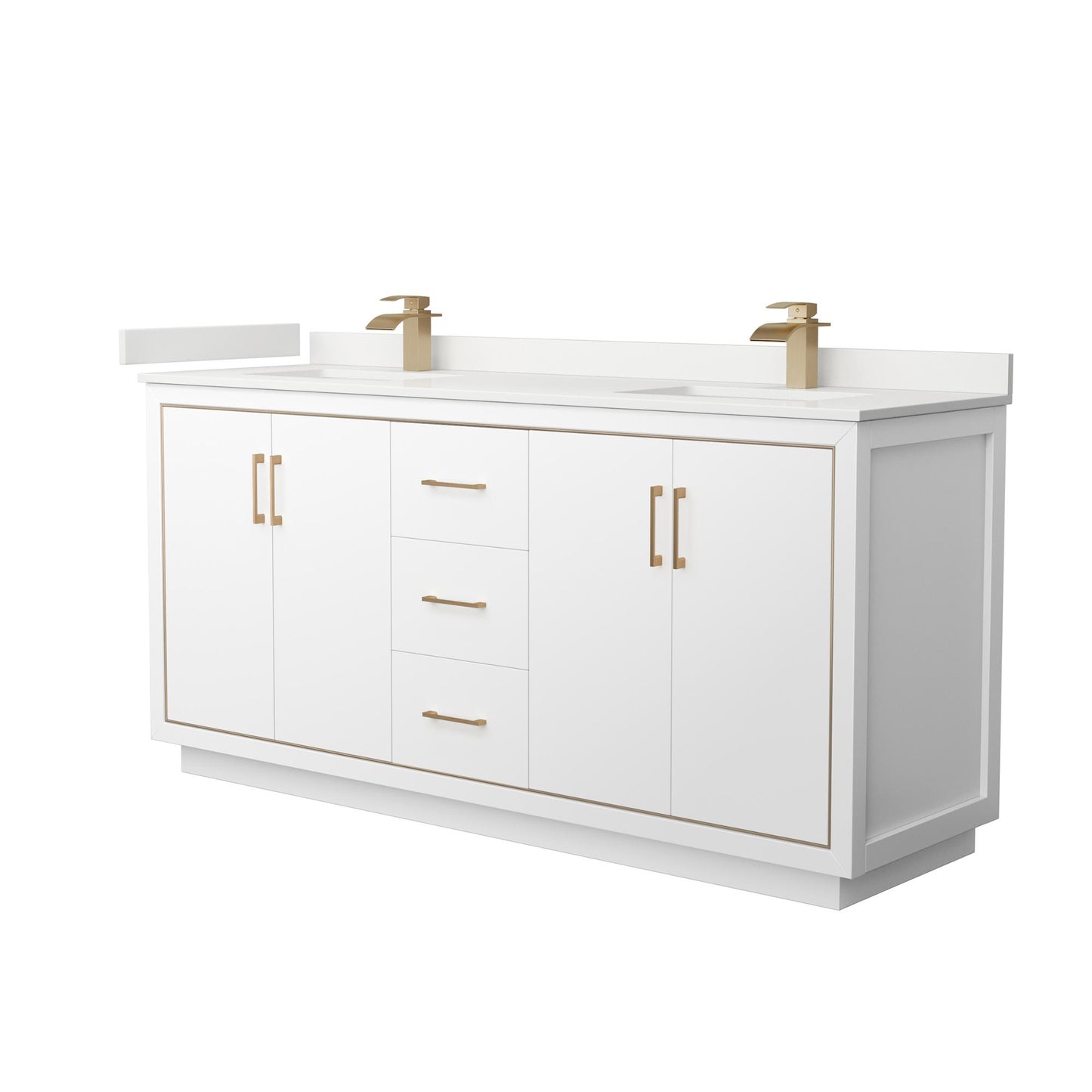 Wyndham Collection Icon 72" Double Bathroom Vanity in White, White Quartz Countertop, Undermount Square Sinks (1-Hole), Satin Bronze Trim