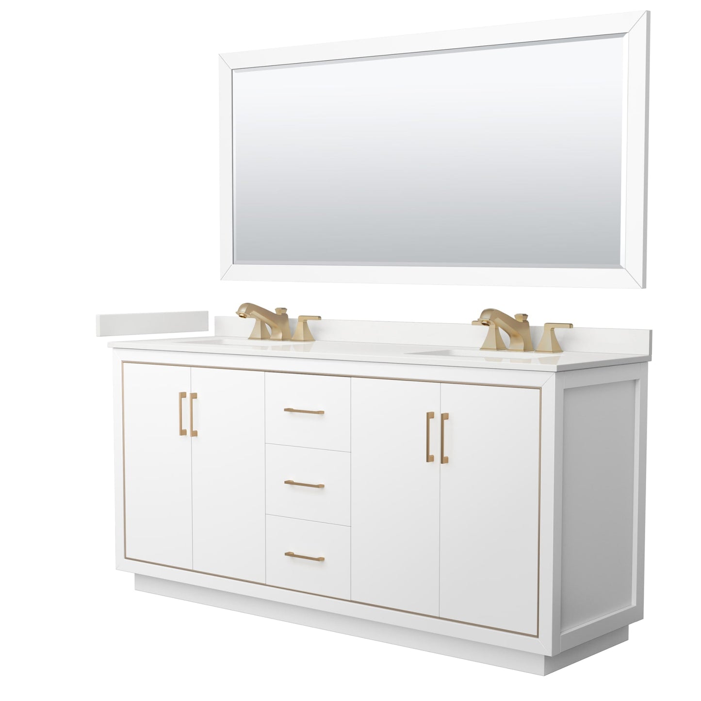 Wyndham Collection Icon 72" Double Bathroom Vanity in White, White Quartz Countertop, Undermount Square Sinks (3-Hole), Satin Bronze Trim, 70" Mirror