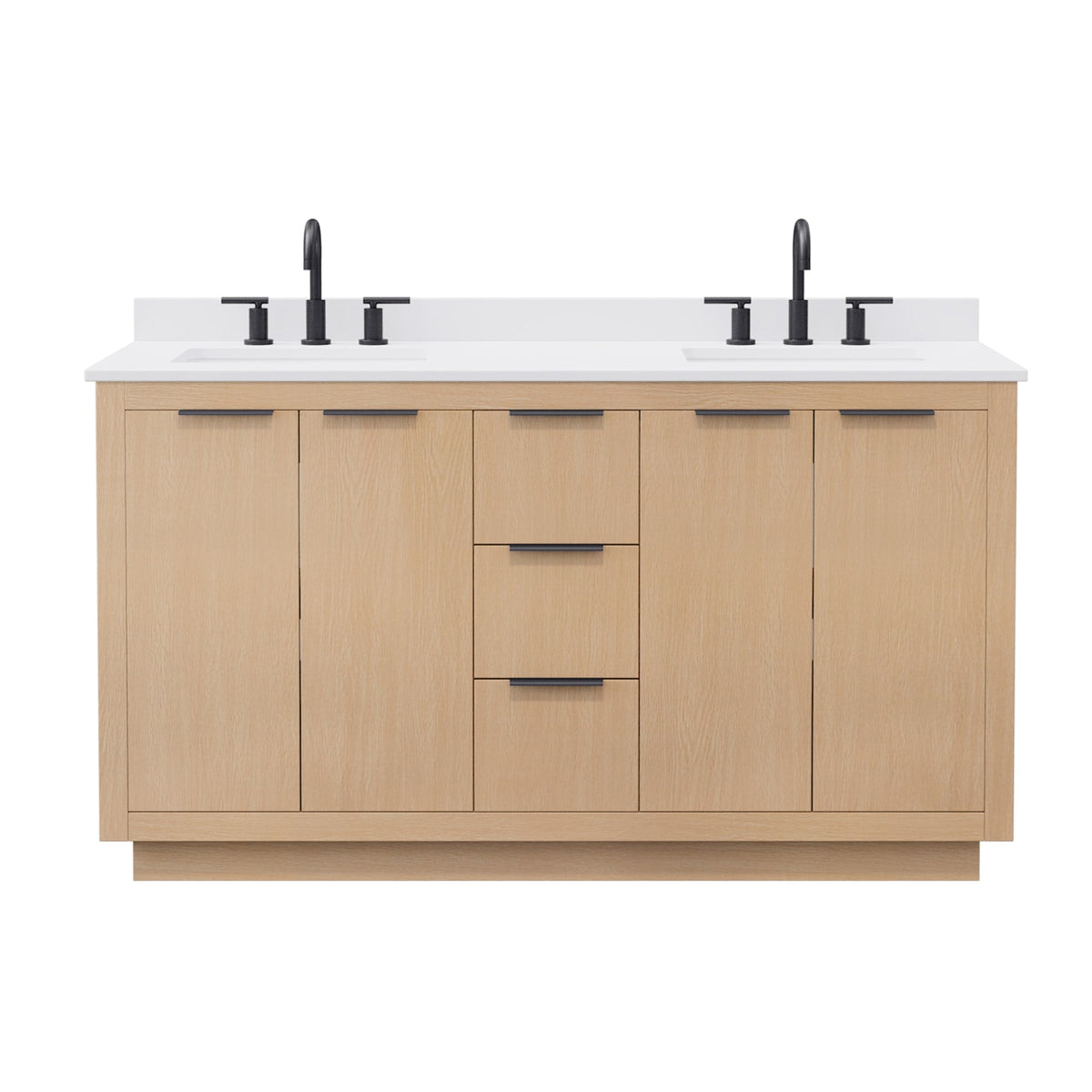 Wyndham Collection Maroni 60 Inch Double Bathroom Vanity in Light Straw, White Cultured Marble Countertop, Undermount Square Sinks (3-Hole), Matte Black Trim