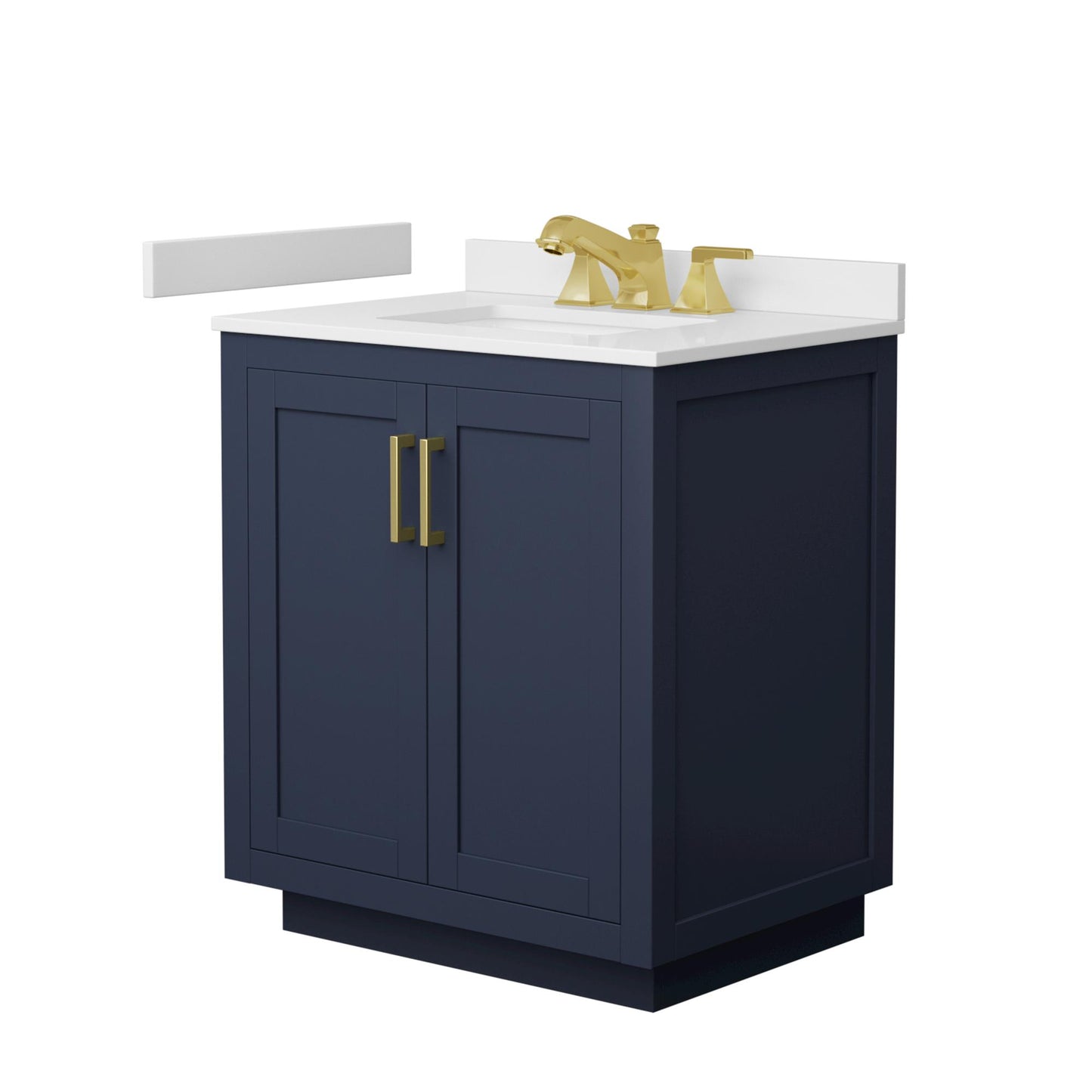 Wyndham Collection Miranda 30" Single Bathroom Vanity in Dark Blue, White Cultured Marble Countertop, Undermount Square Sink (3-Hole), Brushed Gold Trim