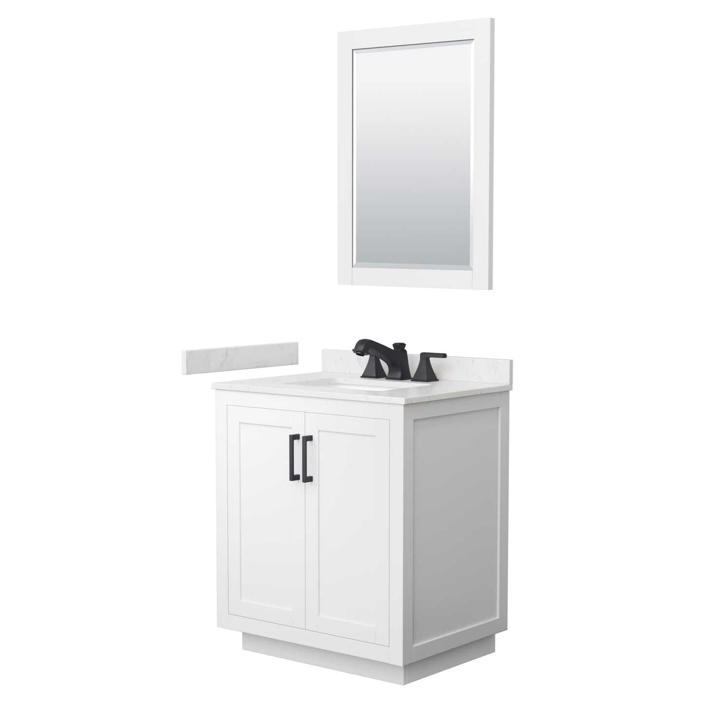 Wyndham Collection Miranda 30" Single Bathroom Vanity in White, Carrara Cultured Marble Countertop, Undermount Square Sink (3-Hole), Matte Black Trim and 24" Mirror