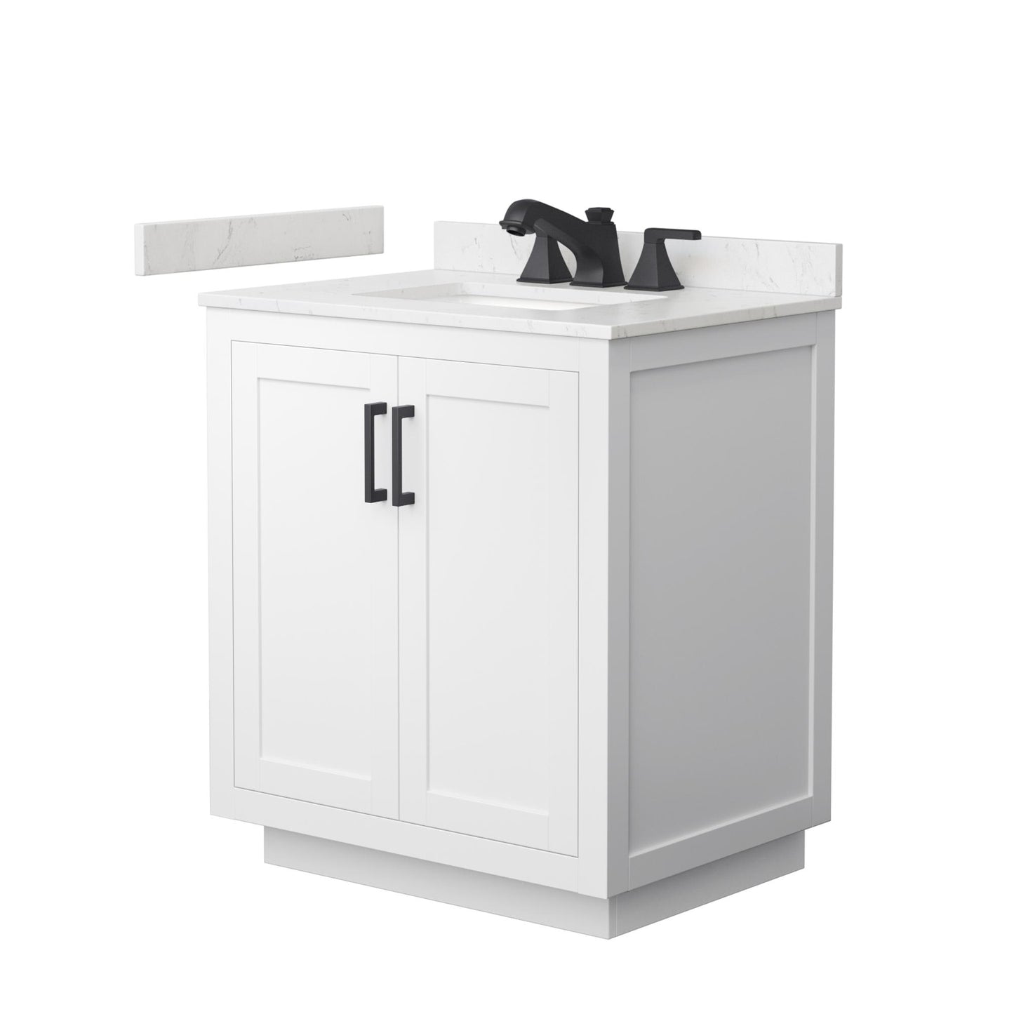 Wyndham Collection Miranda 30" Single Bathroom Vanity in White, Carrara Cultured Marble Countertop, Undermount Square Sink (3-Hole), Matte Black Trim
