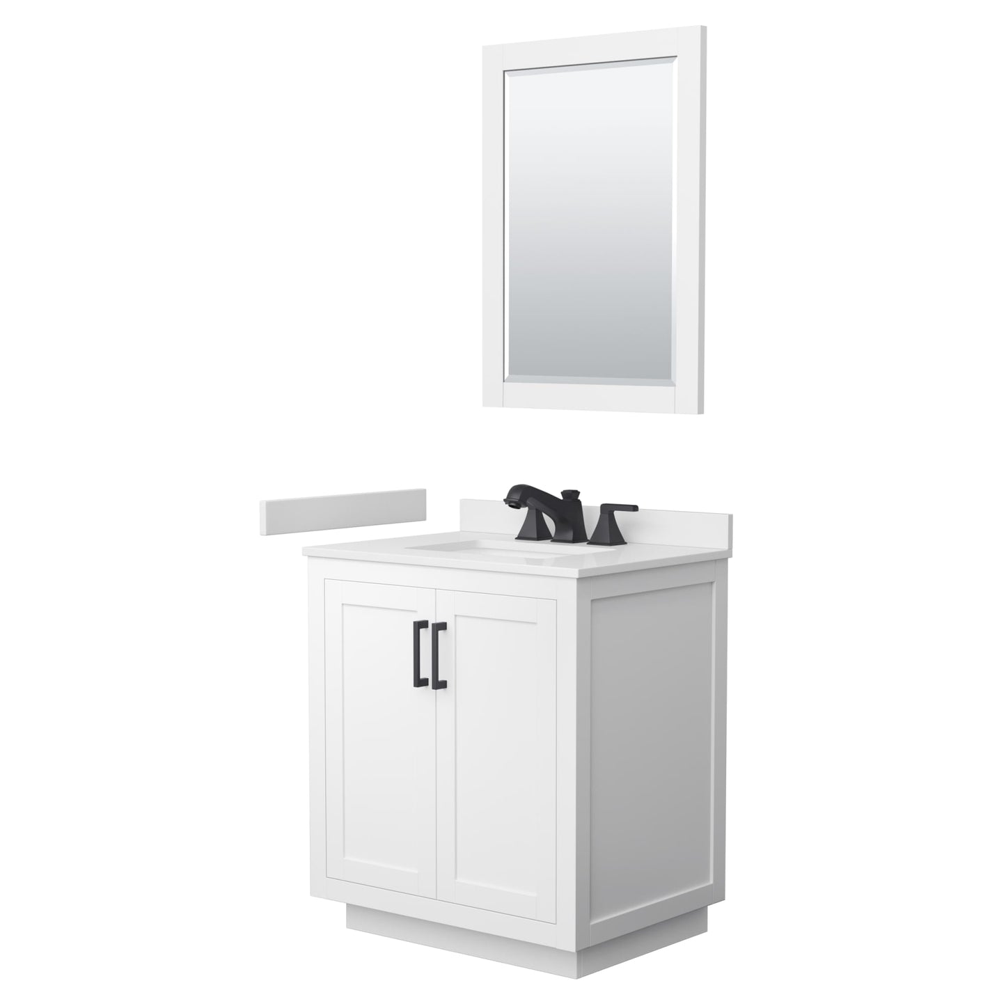 Wyndham Collection Miranda 30" Single Bathroom Vanity in White, White Cultured Marble Countertop, Undermount Square Sink (3-Hole), Matte Black Trim and 24" Mirror