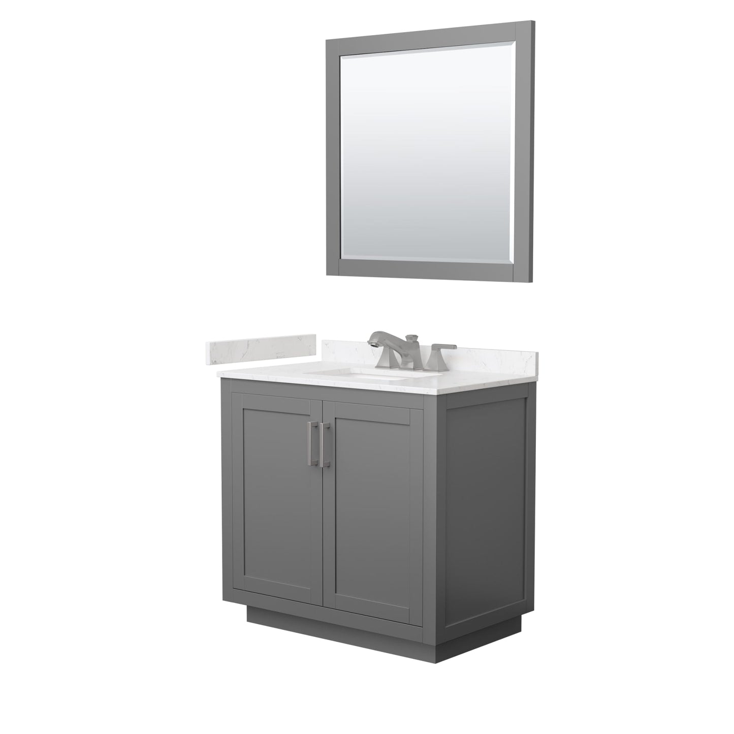 Wyndham Collection Miranda 36" Single Bathroom Vanity in Dark Gray, Carrara Cultured Marble Countertop, Undermount Square Sink (3-Hole), Brushed Nickel Trim and 34" Mirror